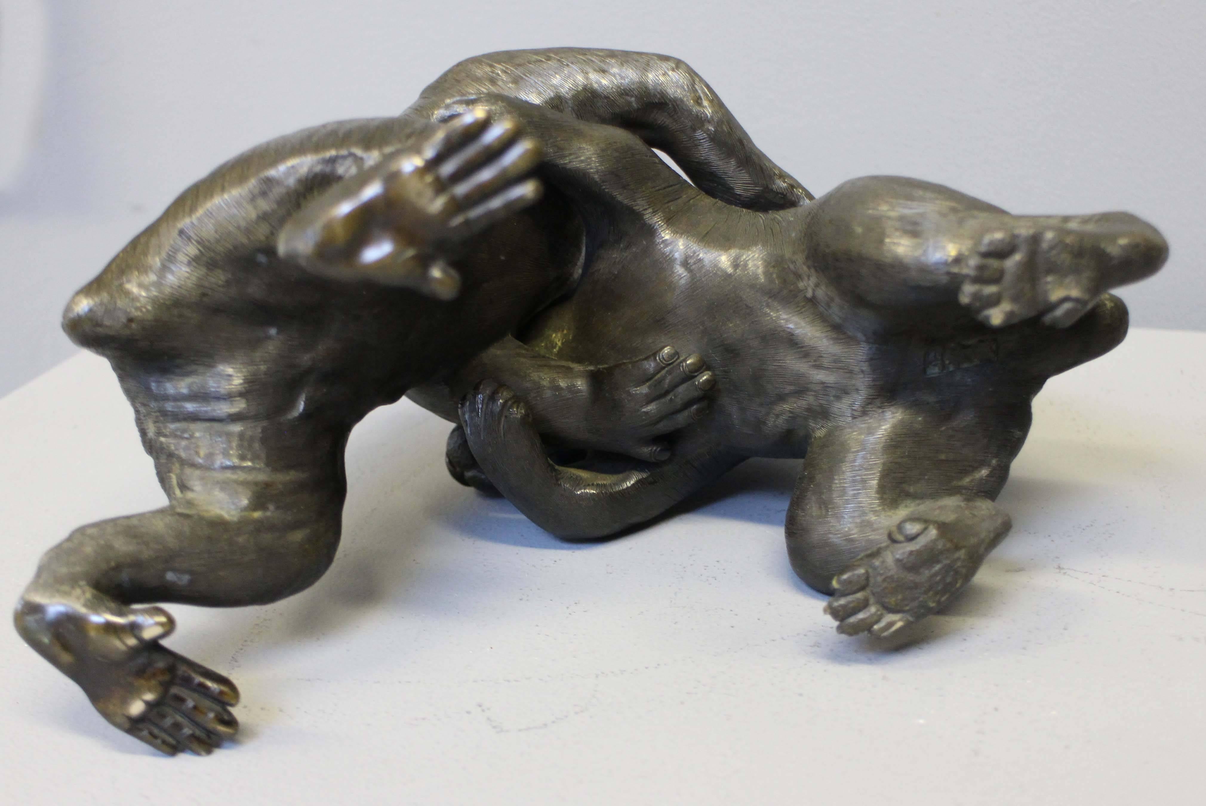 Late 19th Century An unusual Antique Japanese Bronze of a Monkey and a Rabbit Wrestling For Sale