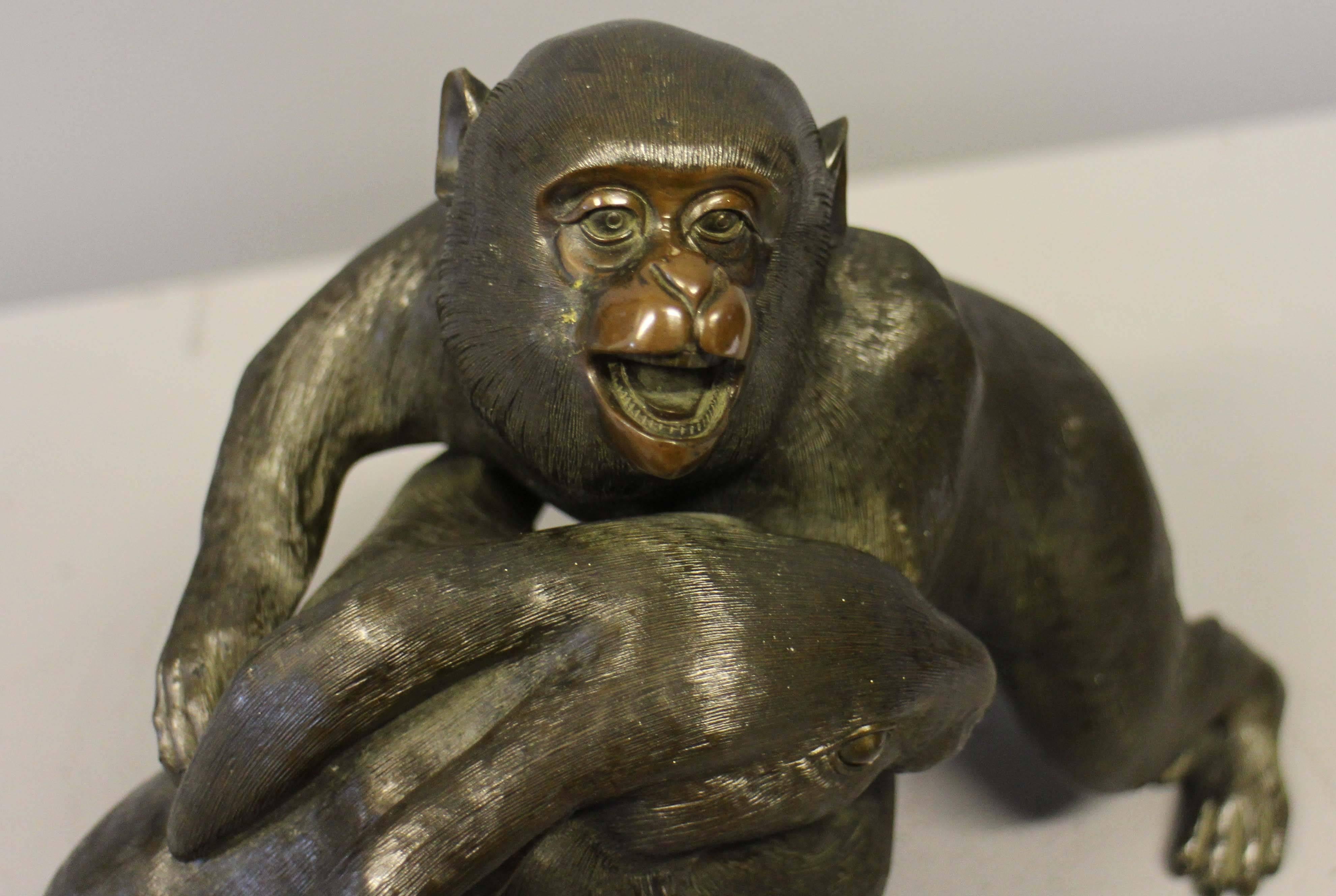 An unusual Antique Japanese Bronze of a Monkey and a Rabbit Wrestling For Sale 2