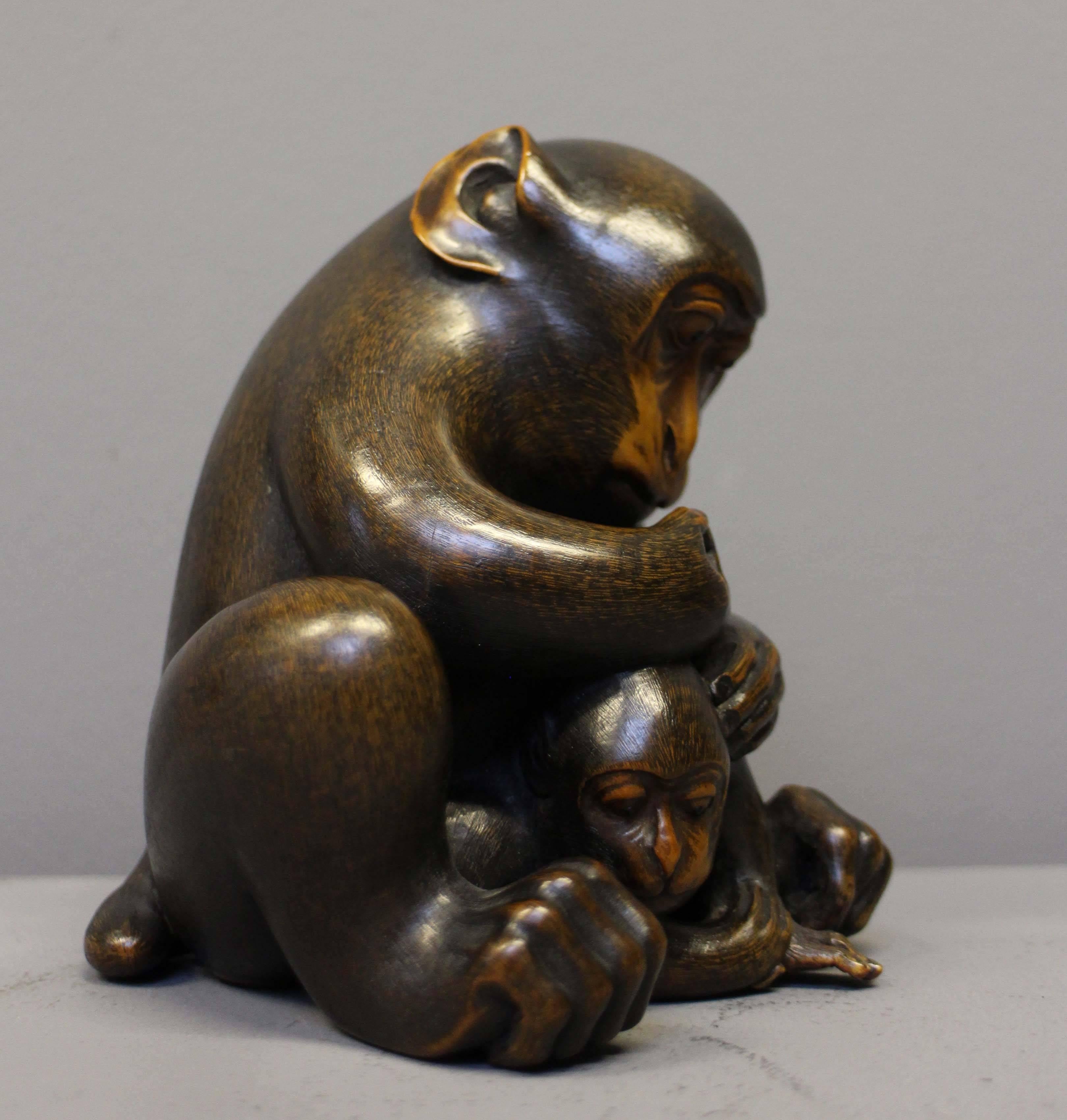 19th Century Antique Japanese Carved Wood Okimono of a Mother monkey and Baby Monkey For Sale