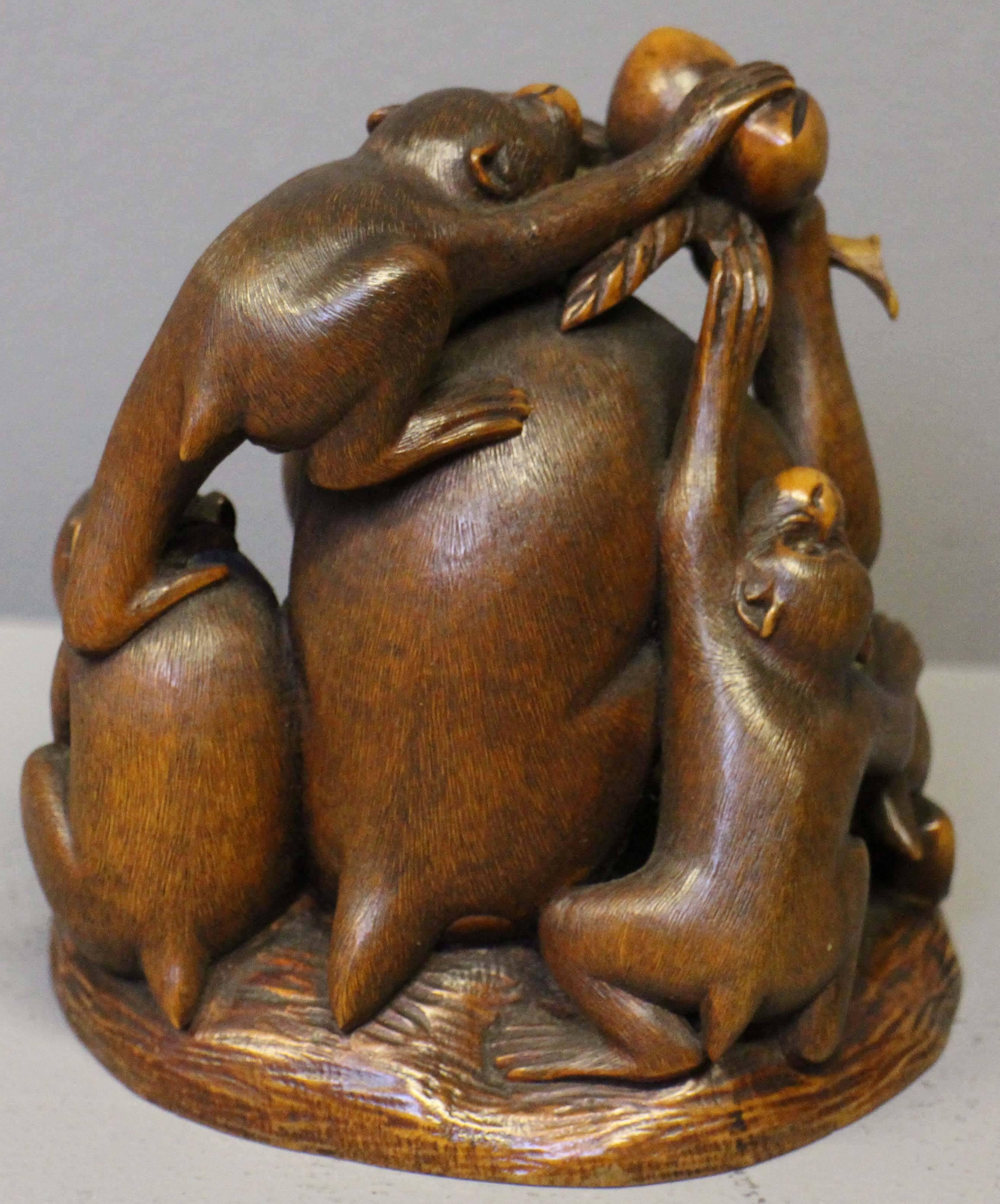 19th Century Antique Japanese Carved Wood Okimono of Five Monkeys Eating Peaches For Sale