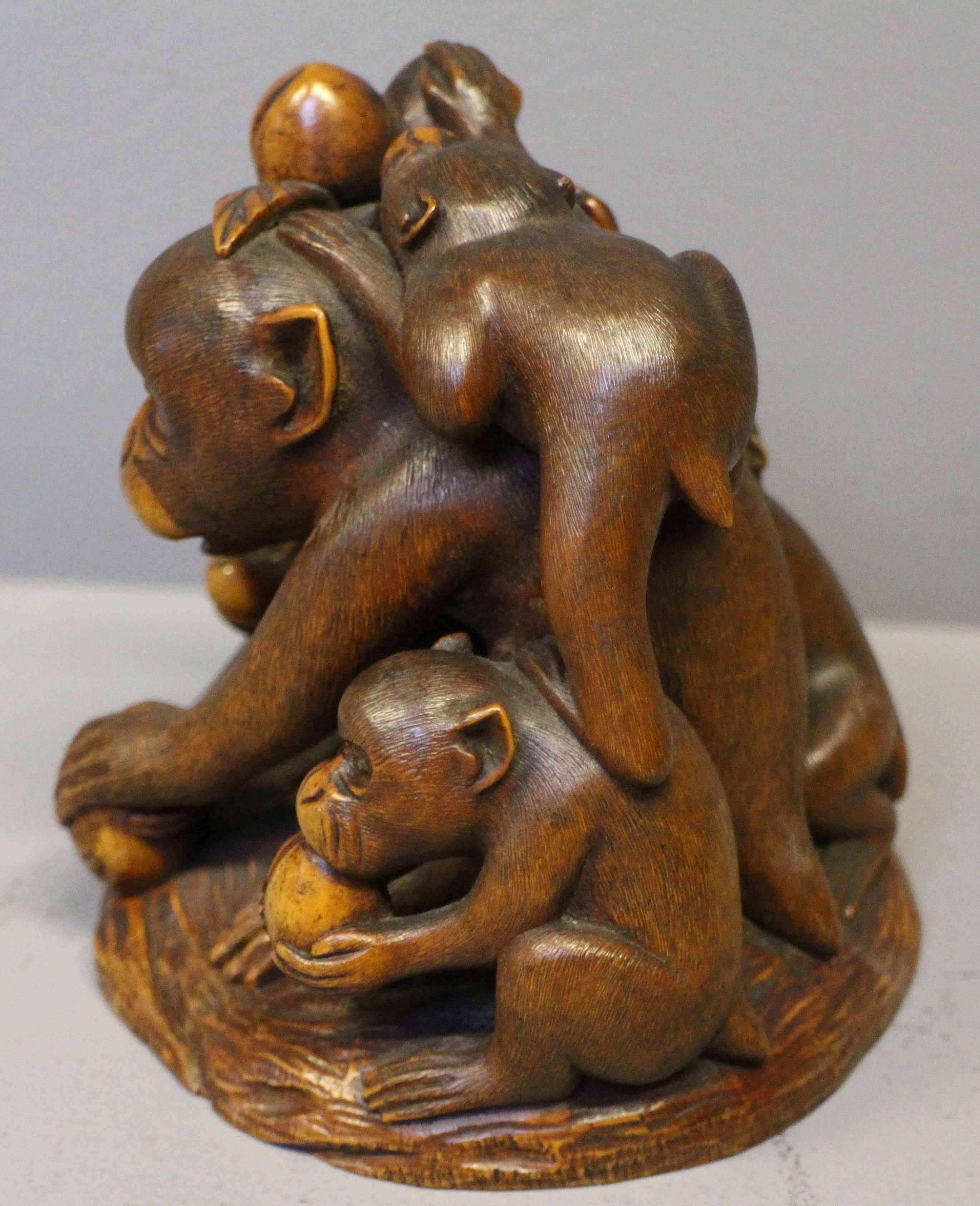 Antique Japanese Carved Wood Okimono of Five Monkeys Eating Peaches For Sale 1