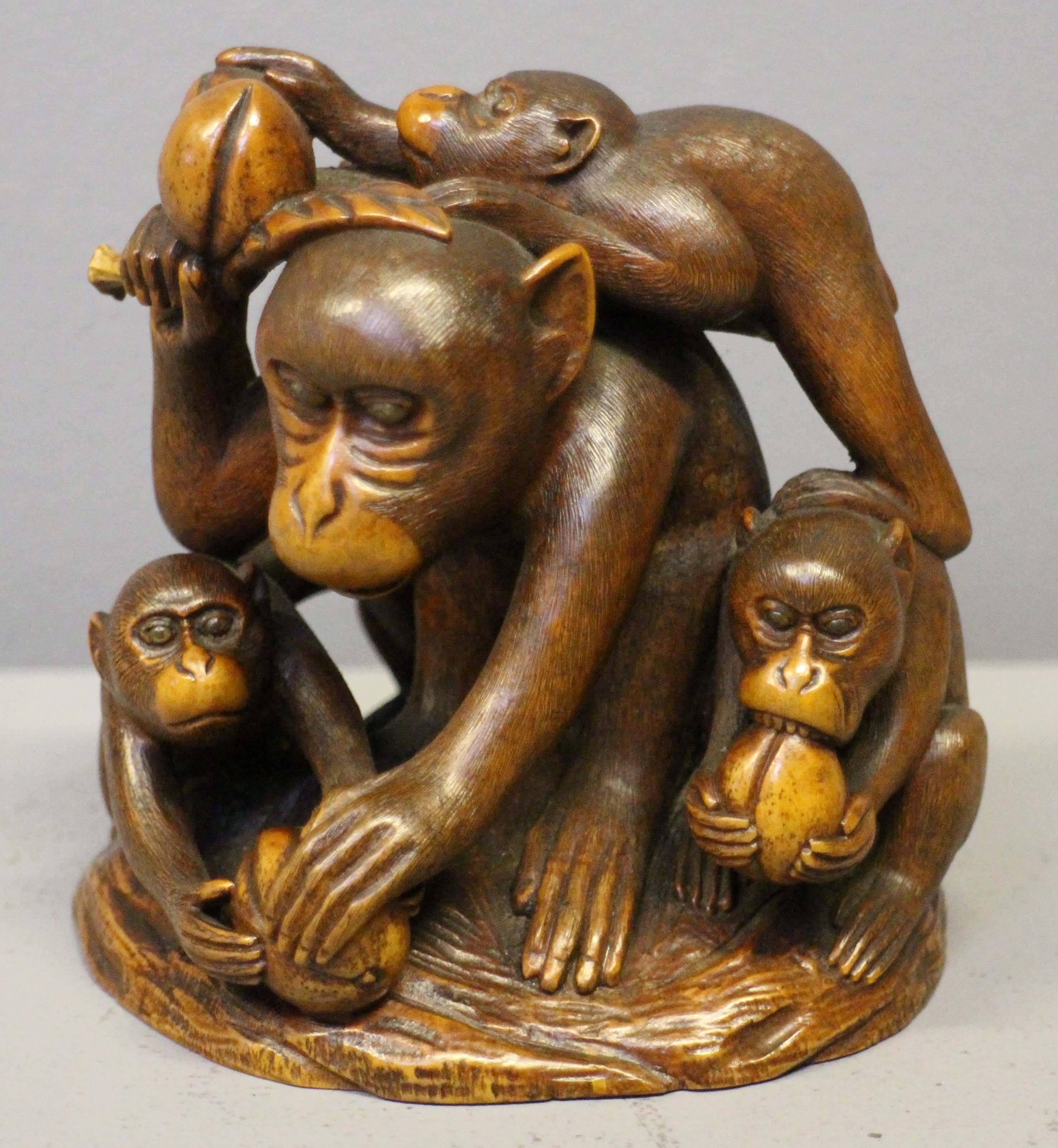 Antique Japanese Carved Wood Okimono of Five Monkeys Eating Peaches For Sale 2