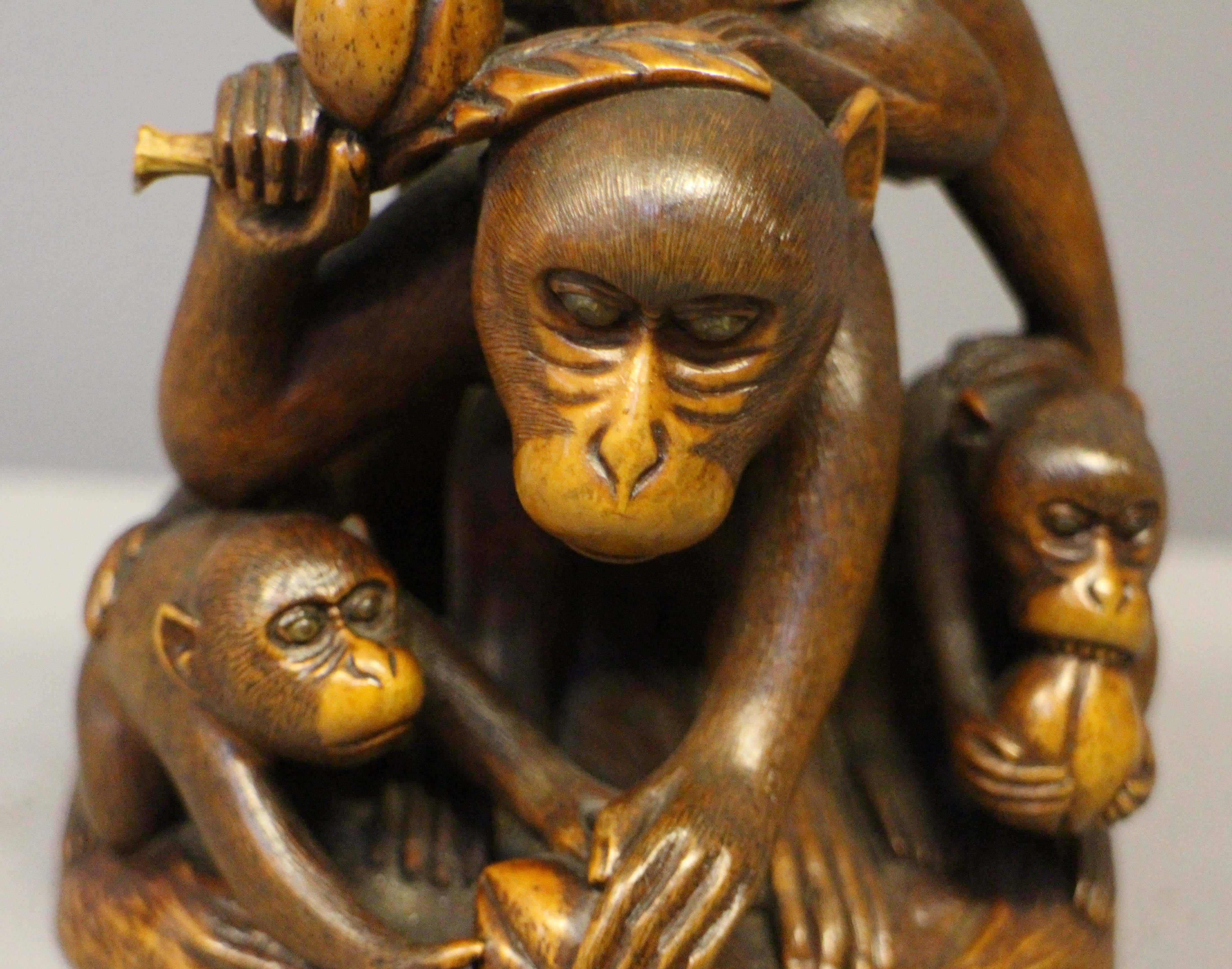 Antique Japanese Carved Wood Okimono of Five Monkeys Eating Peaches For Sale 4