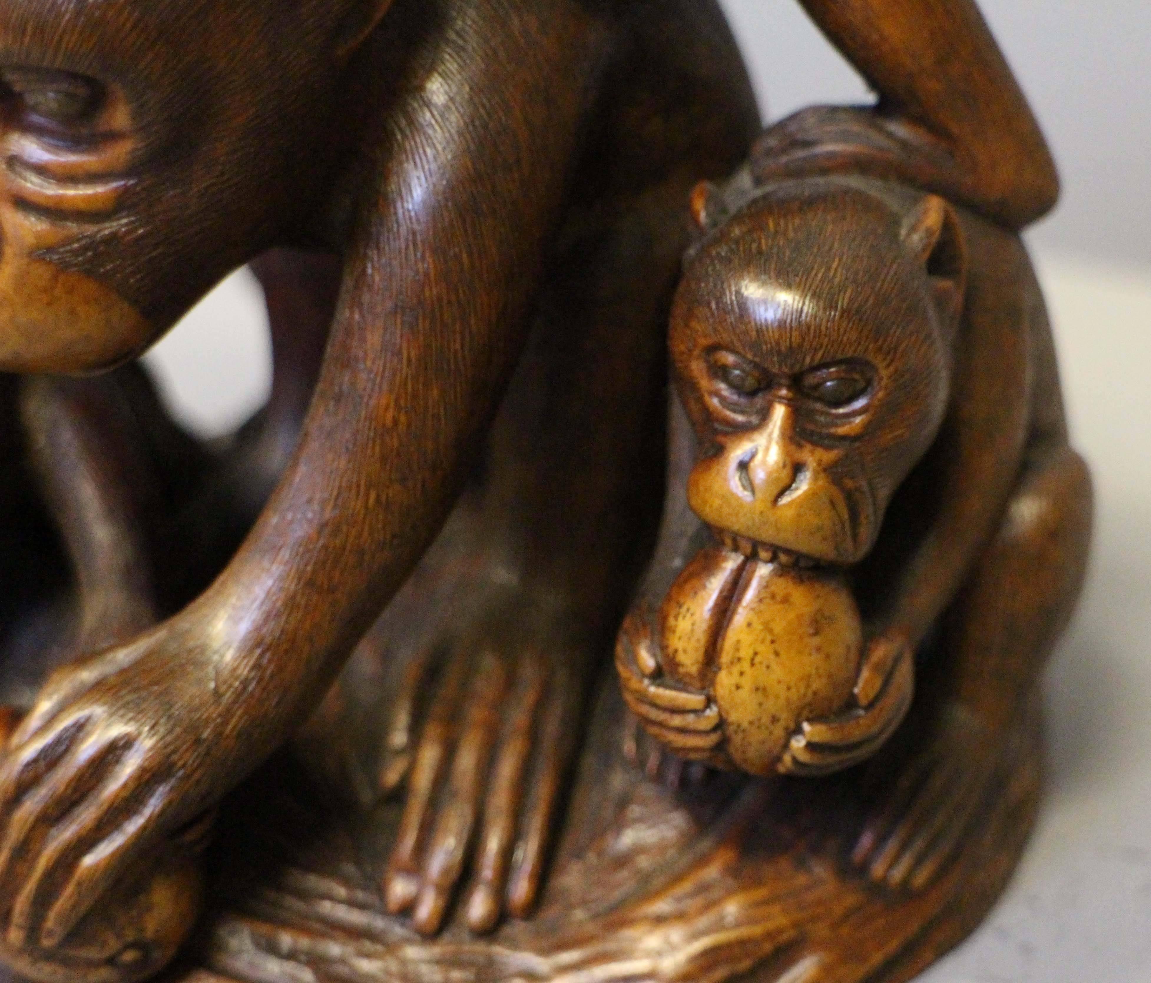 Antique Japanese Carved Wood Okimono of Five Monkeys Eating Peaches For Sale 5