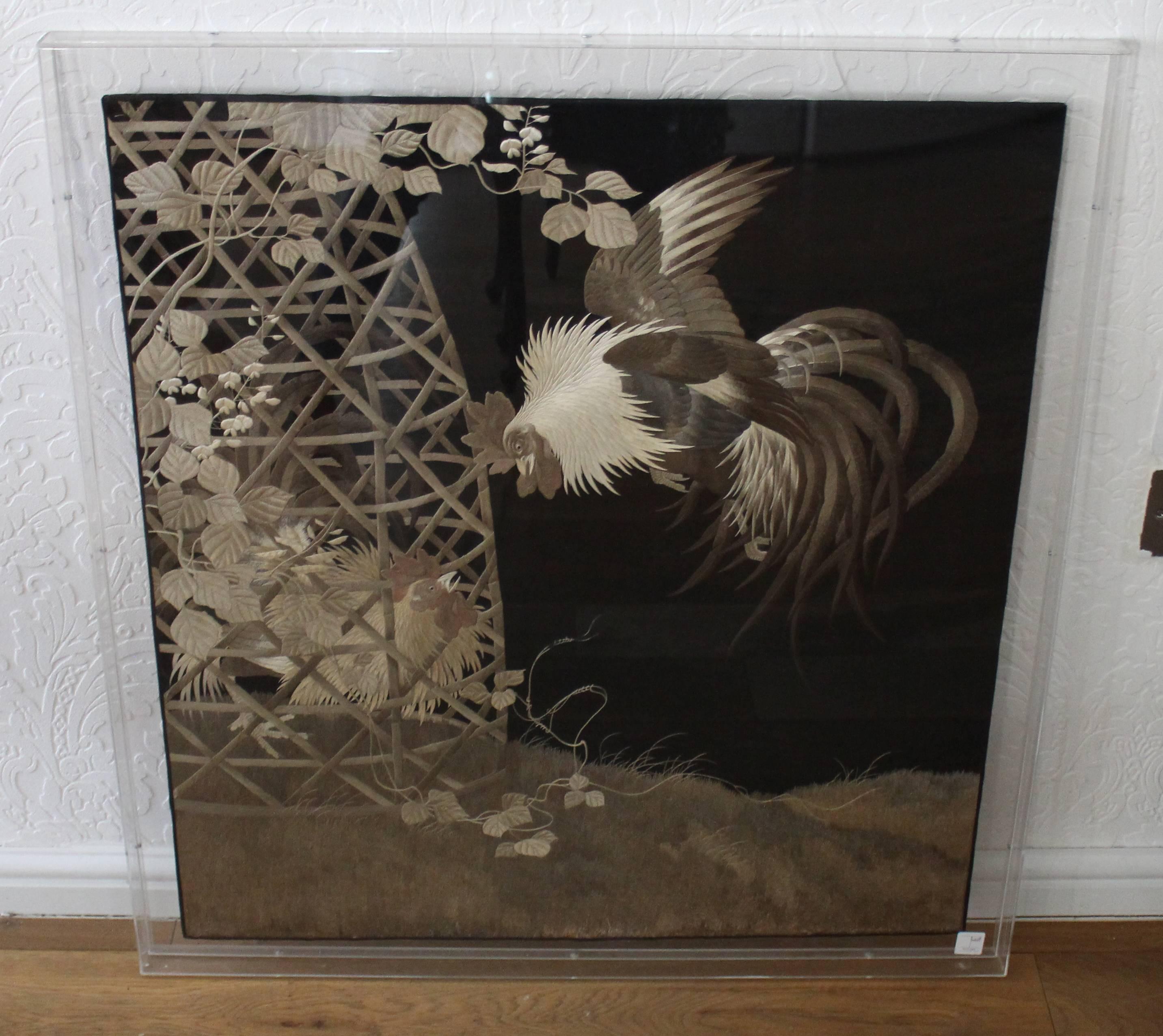 Embroidered Antique Japanese Silk Embroidery of Two Cockerel, One in a Cage with Flowers For Sale