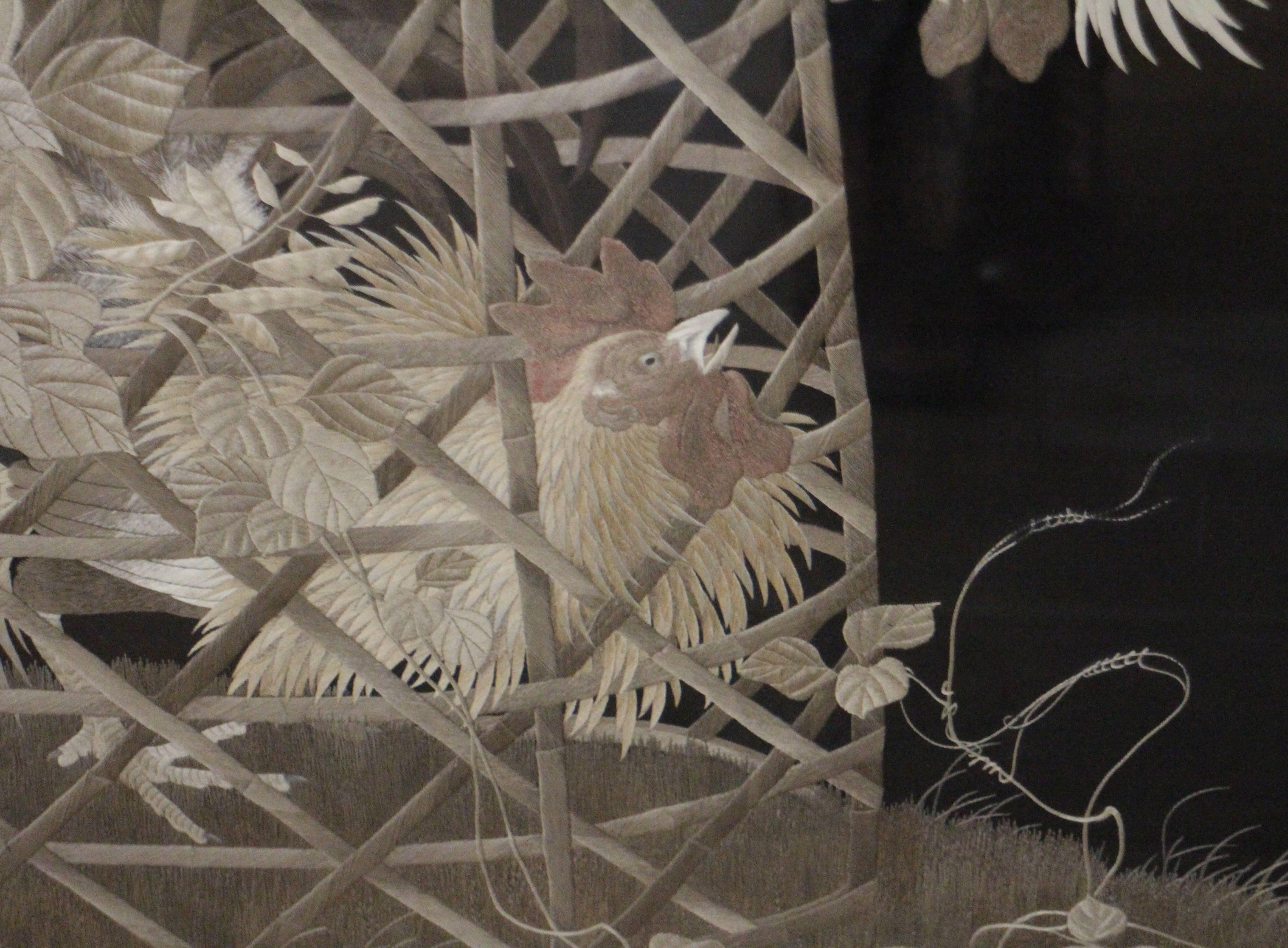 19th Century Antique Japanese Silk Embroidery of Two Cockerel, One in a Cage with Flowers For Sale