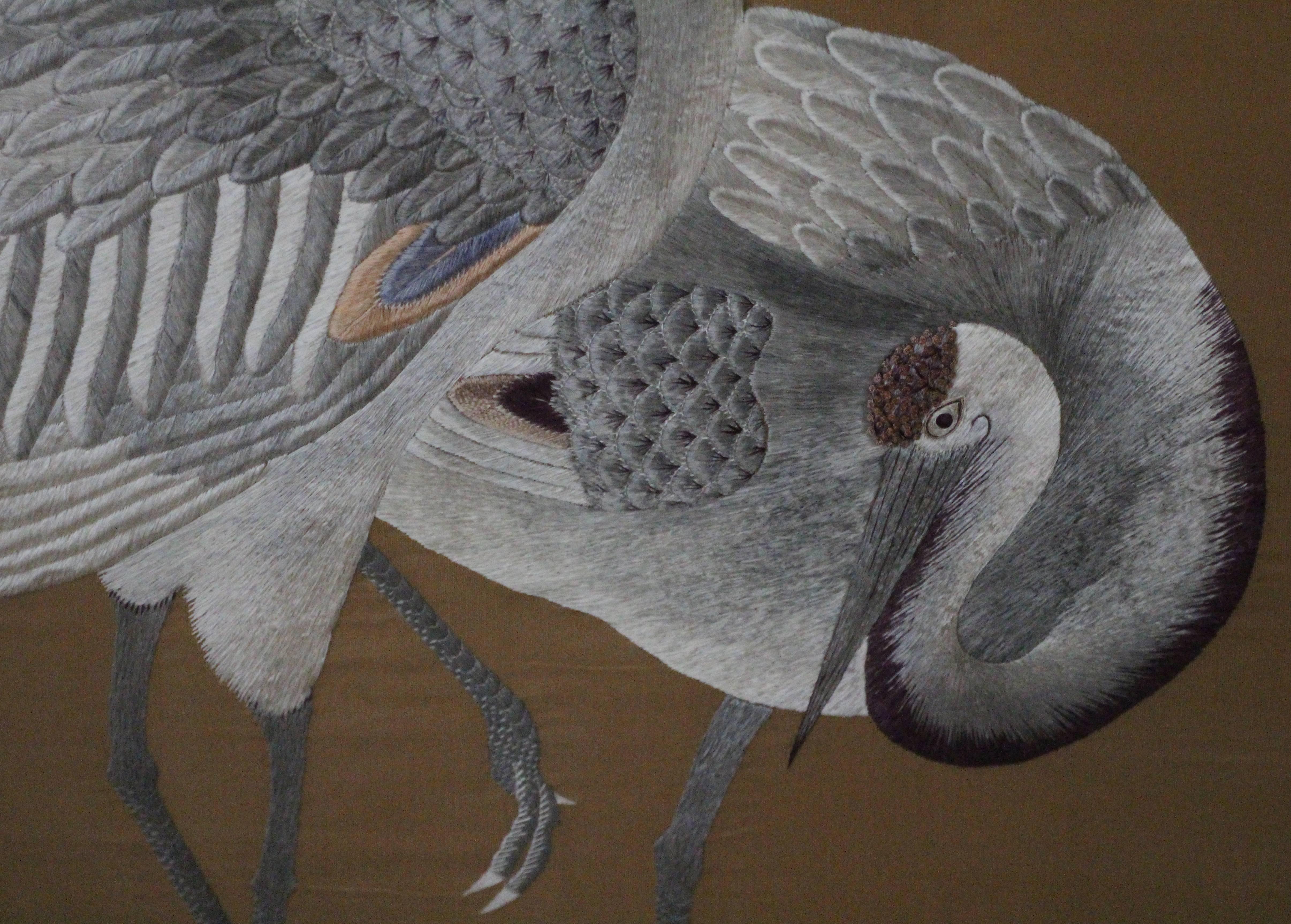 19th Century Large Antique Japanese Silk Embroidery of Two Cranes on a Neutral Background For Sale