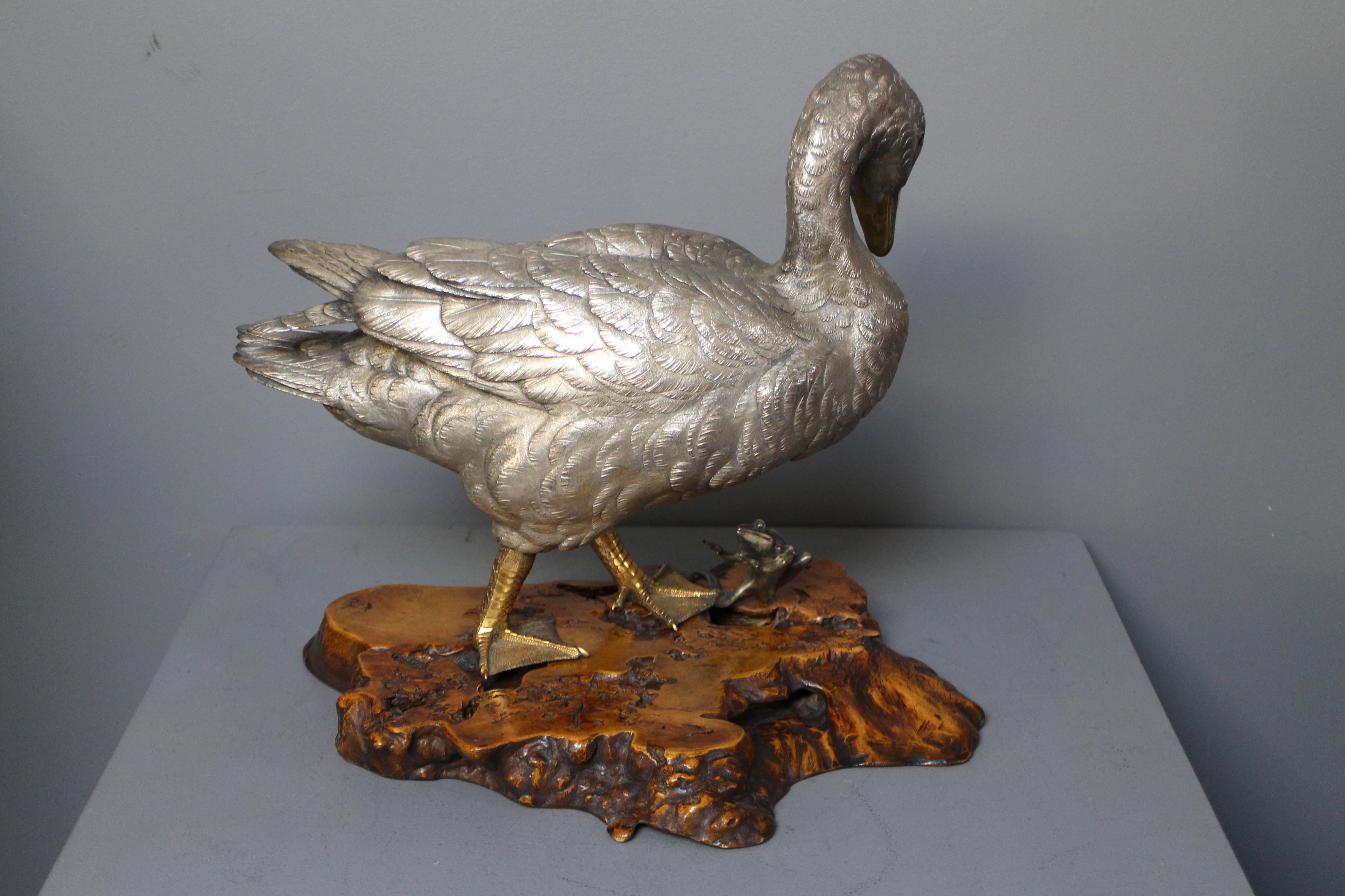 Patinated Antique Japanese Silvered and Golden Bronze Goose with Frog on a Wood Base For Sale