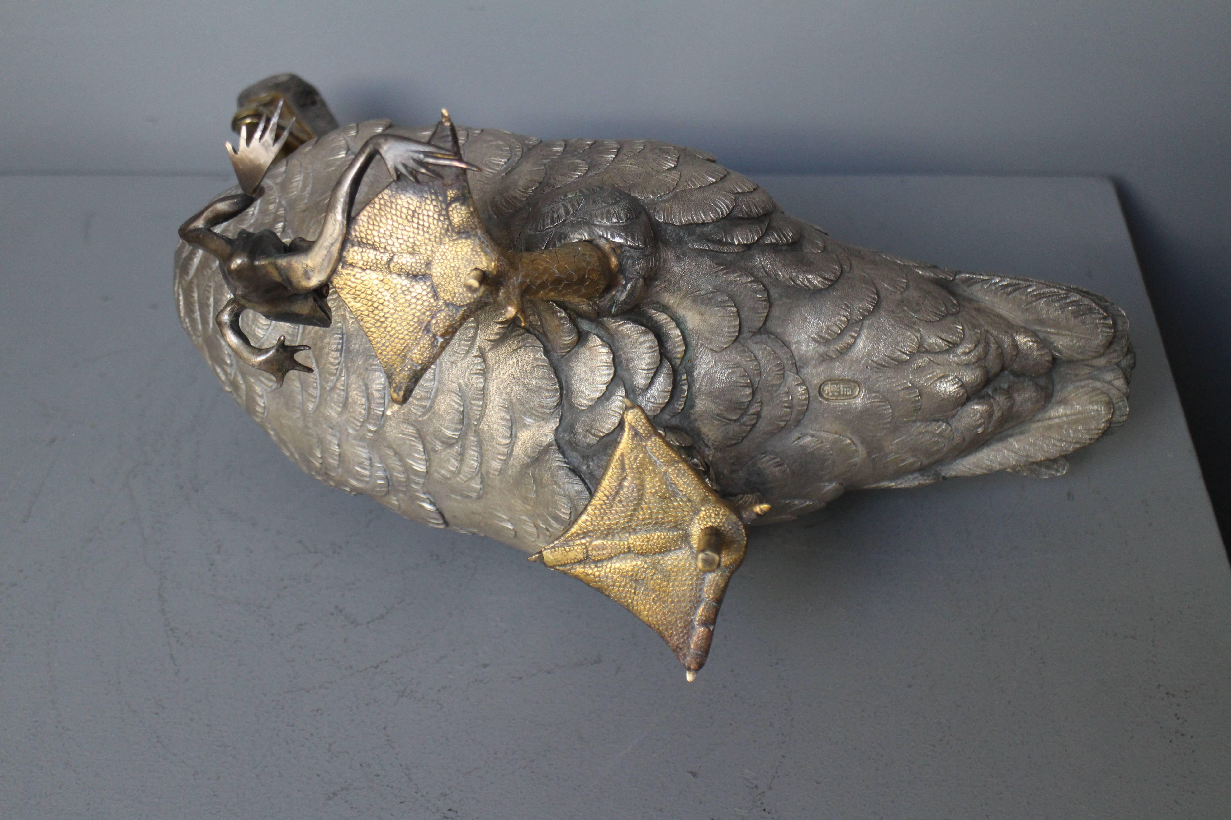Antique Japanese Silvered and Golden Bronze Goose with Frog on a Wood Base For Sale 2