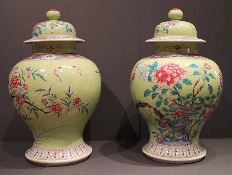 Pair of Bright Green Antique Chinese Vases Decorated with Flowers and