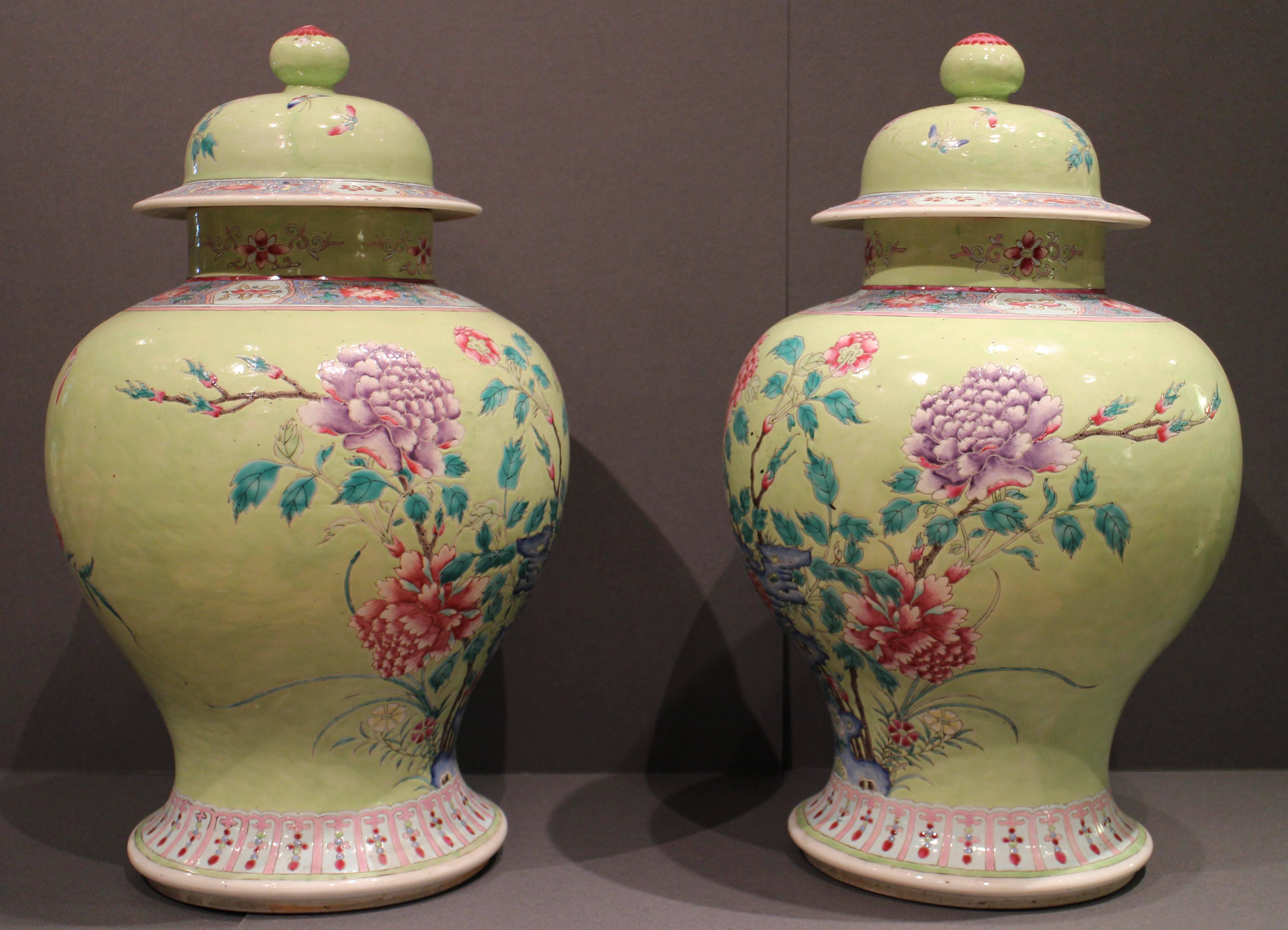 Porcelain Pair of Bright Green Antique Chinese Vases Decorated with Flowers and Birds For Sale