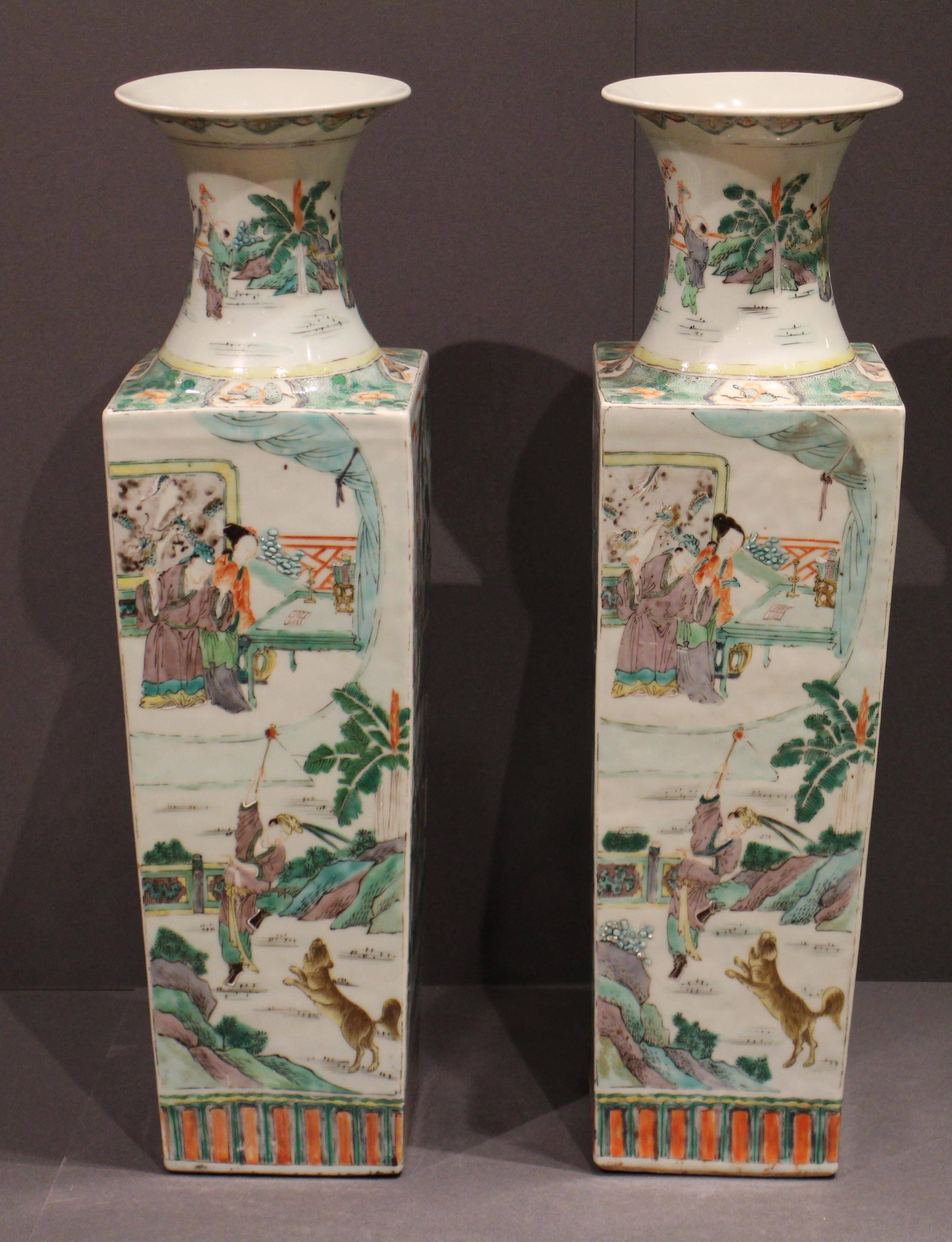 Painted Pair of Antique Square Shaped Chinese Famille Verte Green Vases For Sale