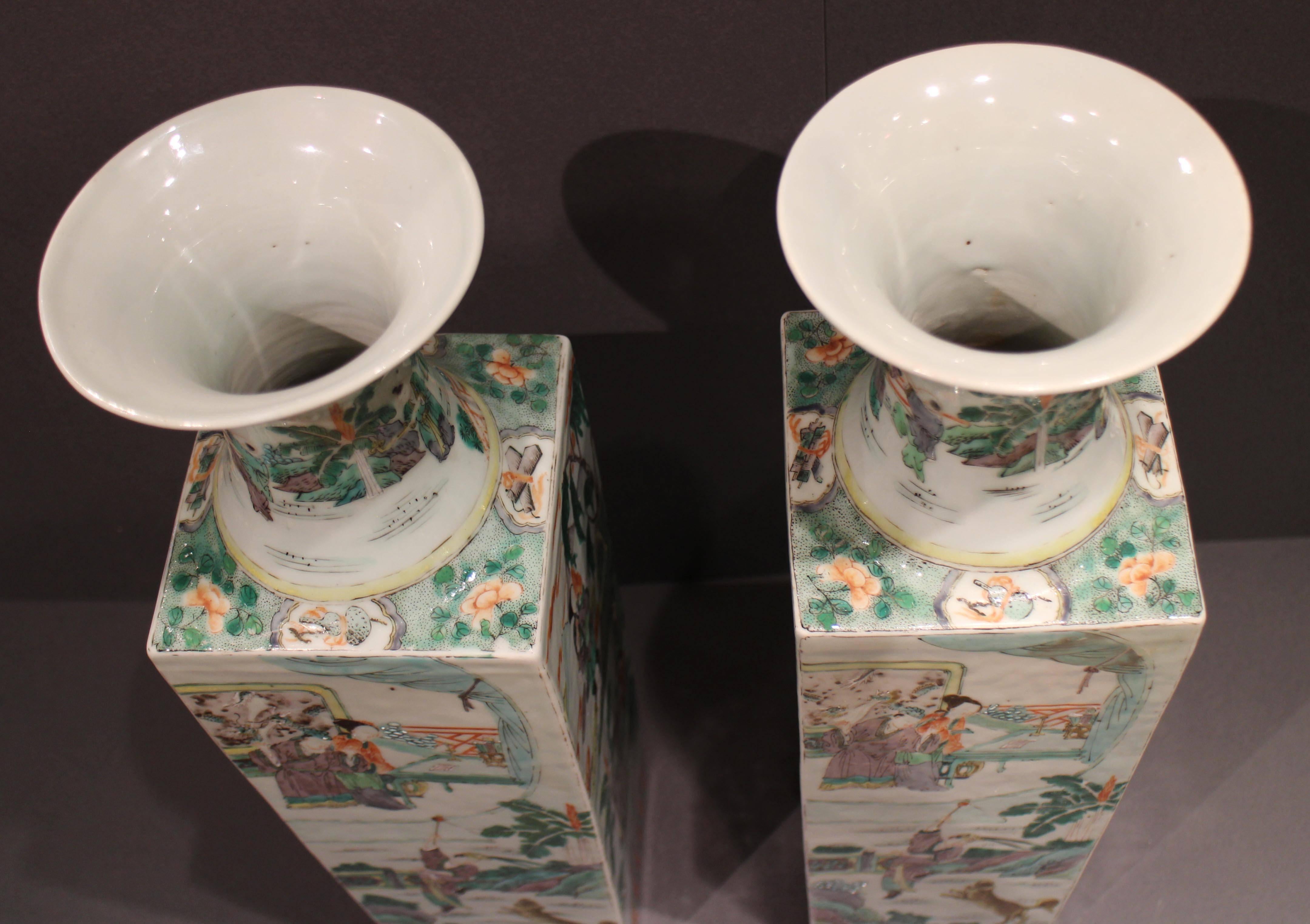 Porcelain Pair of Antique Square Shaped Chinese Famille Verte Green Vases For Sale