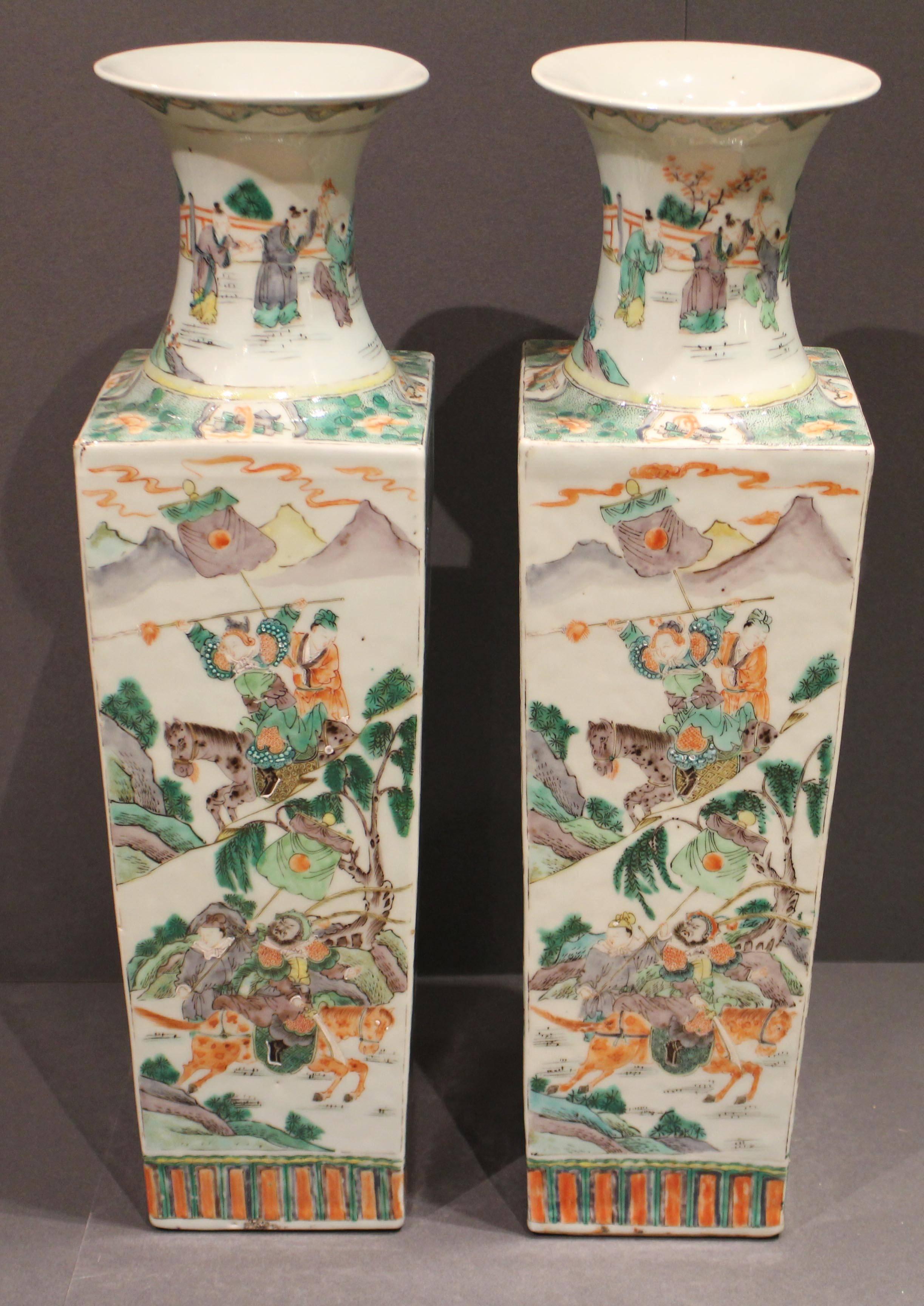 Pair of Antique Square Shaped Chinese Famille Verte Green Vases For Sale 1
