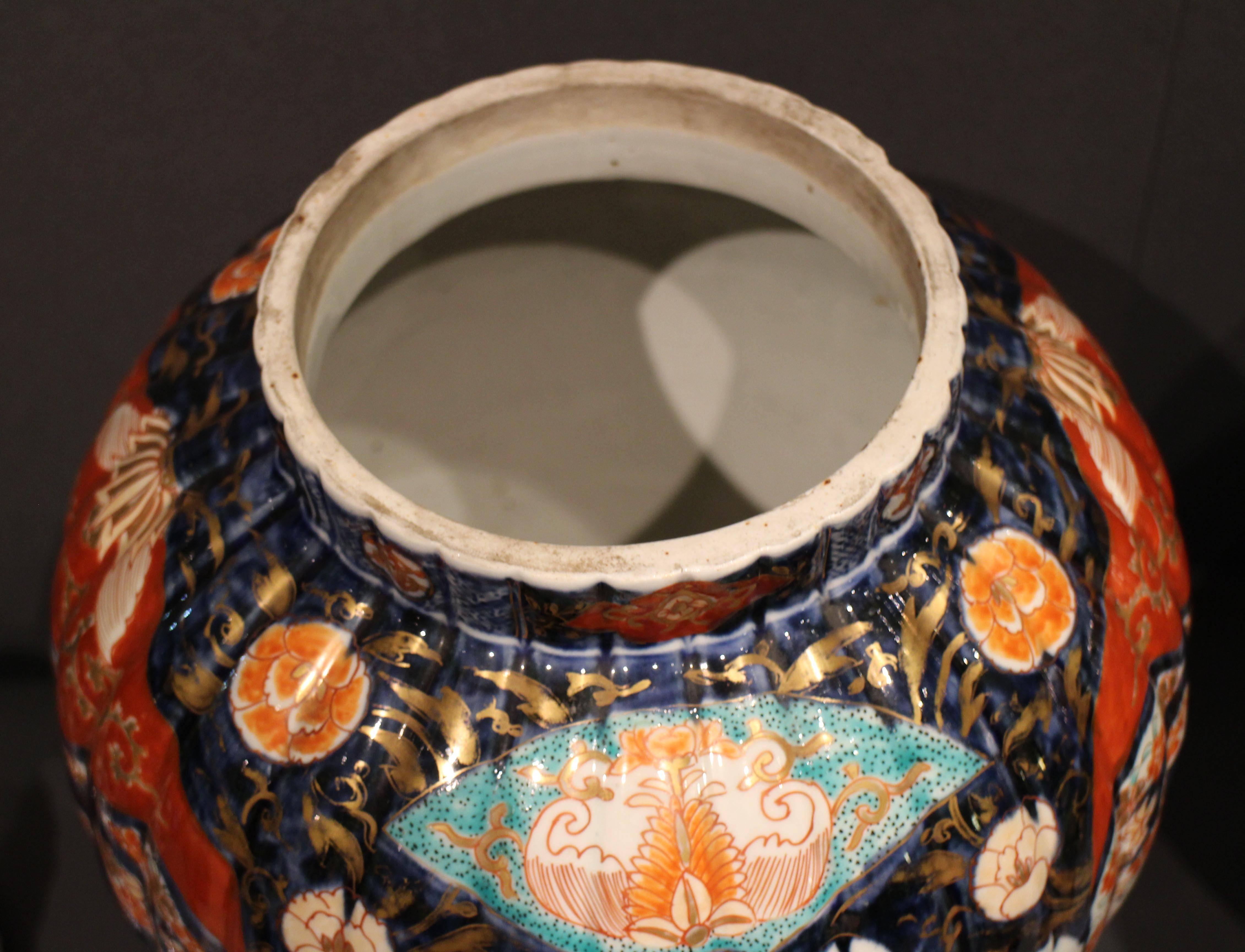 19th Century Pair of Antique Japanese Imari Vases and Covers Decorated in Blue and Orange