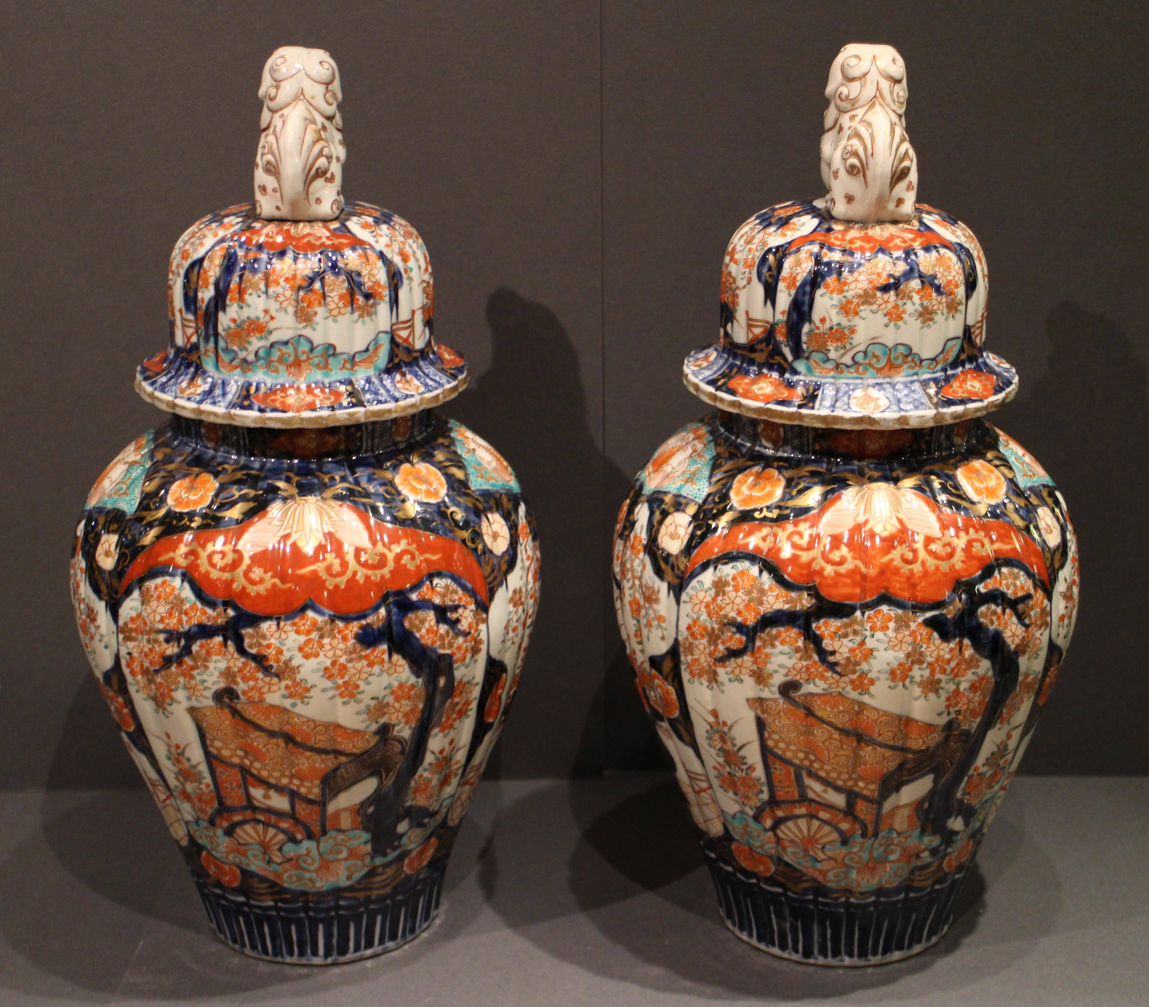 Pair of Antique Japanese Imari Vases and Covers Decorated in Blue and Orange 2