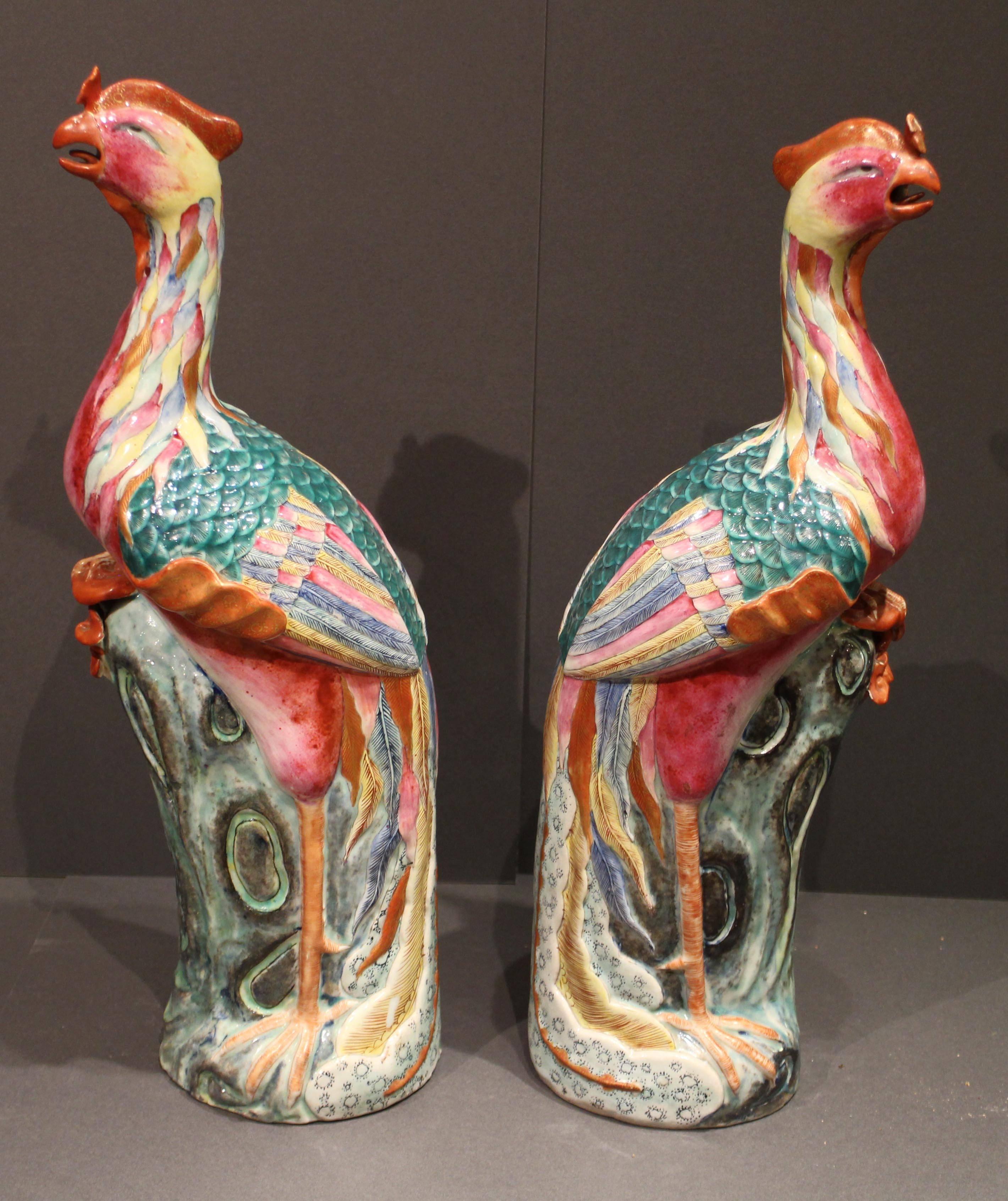Painted Pair of Unusual Antique Chinese Famille Rose Pink Porcelain Phoenixes For Sale
