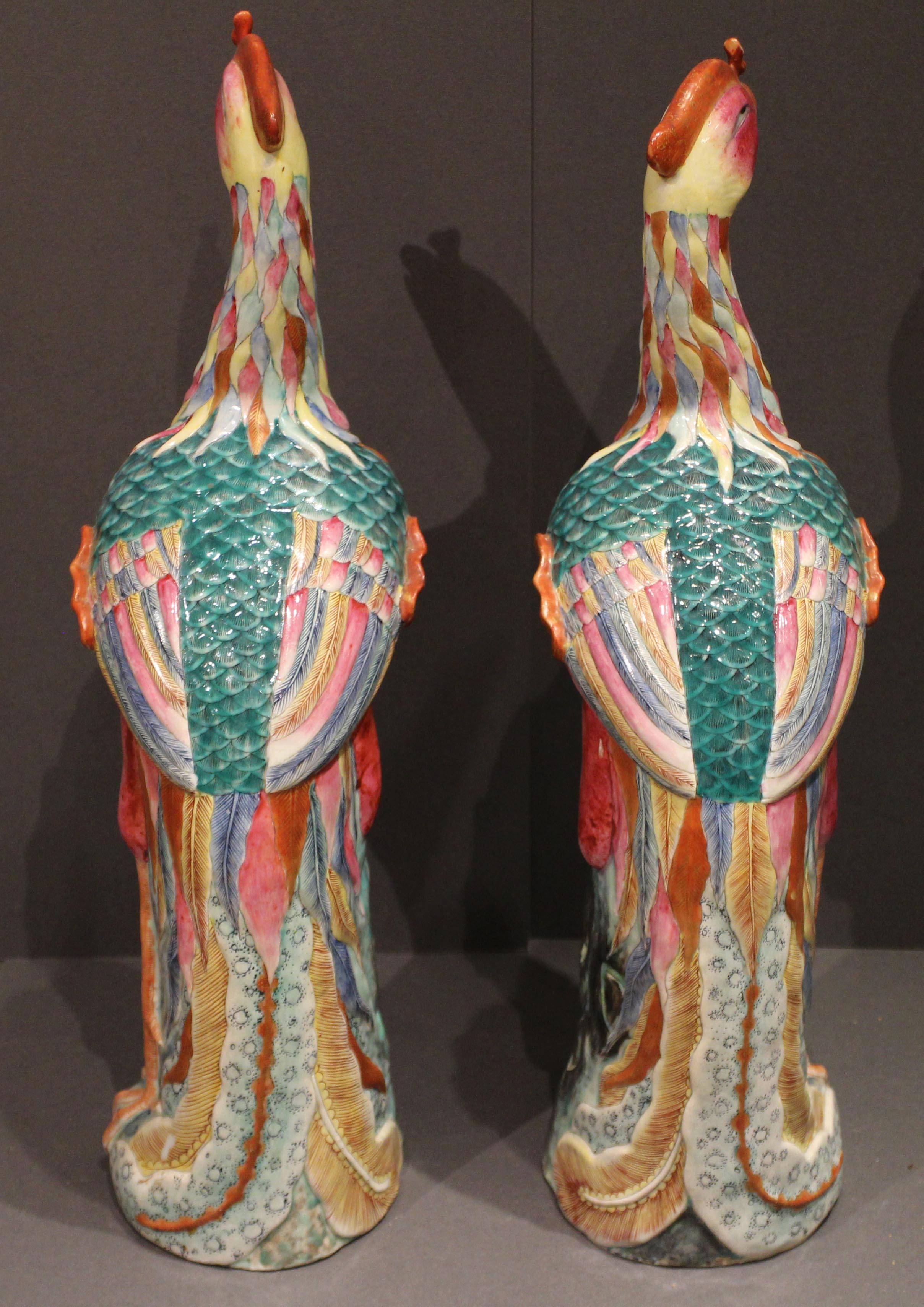 Pair of Unusual Antique Chinese Famille Rose Pink Porcelain Phoenixes In Good Condition For Sale In London, GB