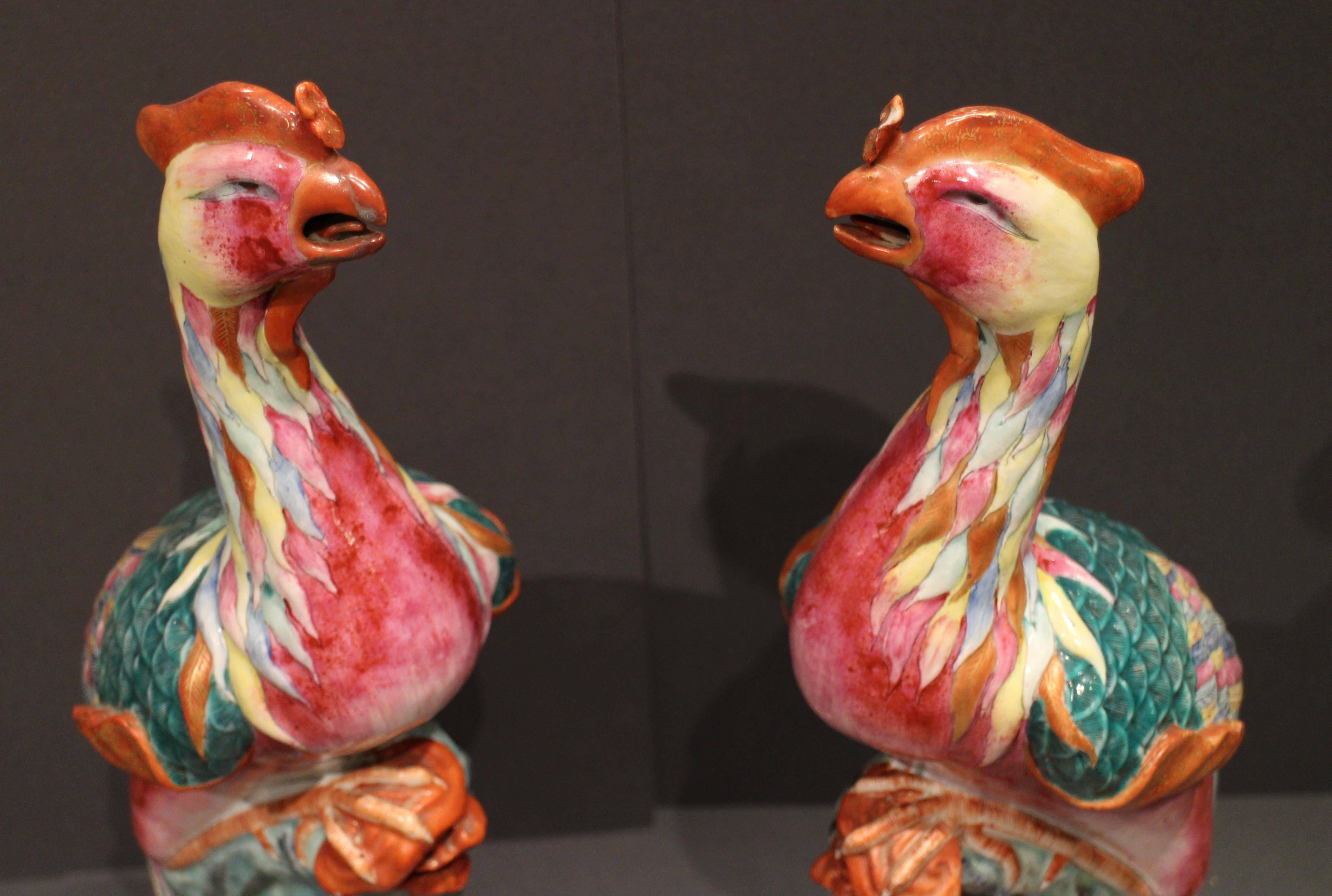 Pair of Unusual Antique Chinese Famille Rose Pink Porcelain Phoenixes For Sale 1
