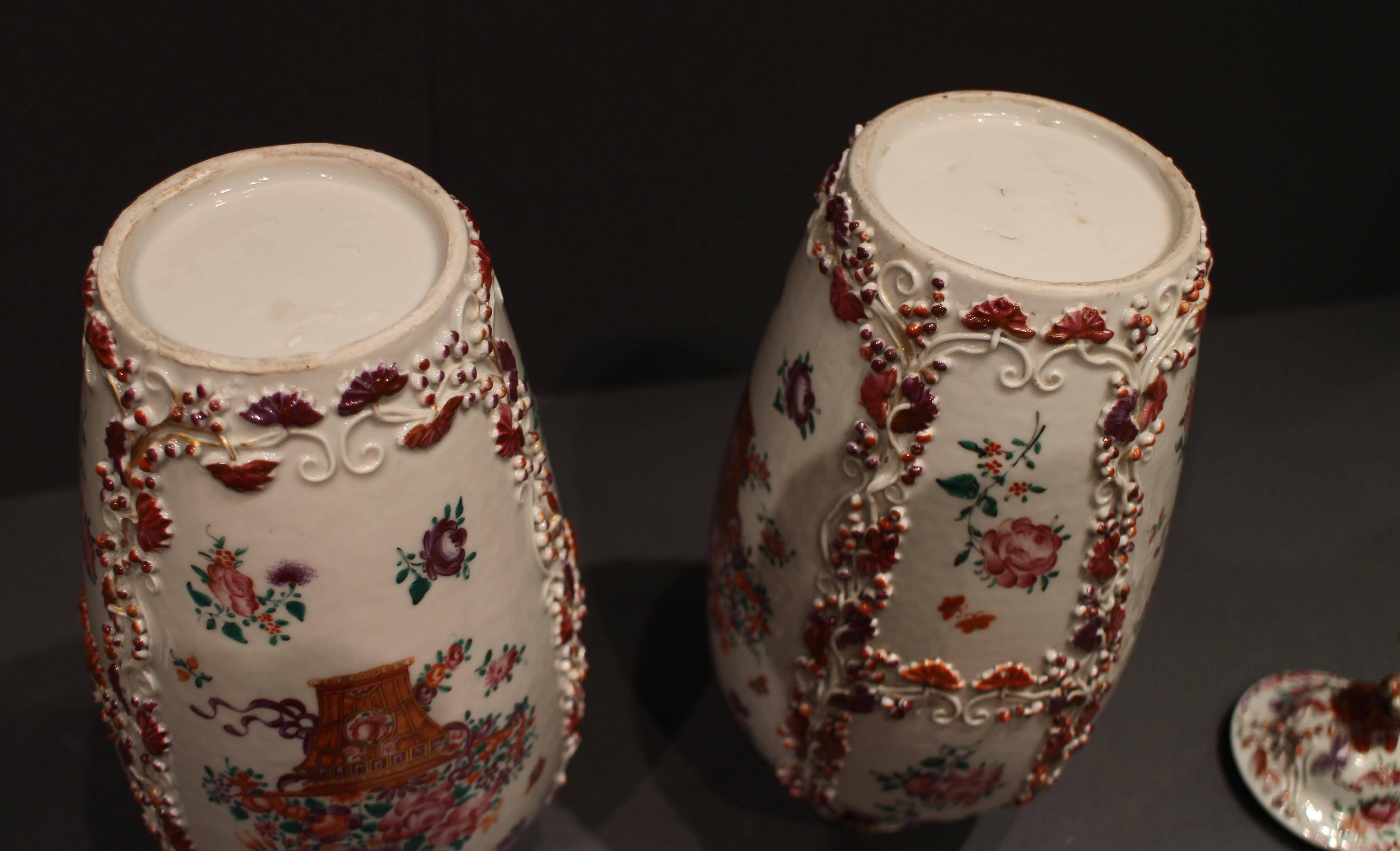 18th Century and Earlier Pair of 18th Century Antique Chinese Famille Rose 'Pink' Vases and Covers For Sale