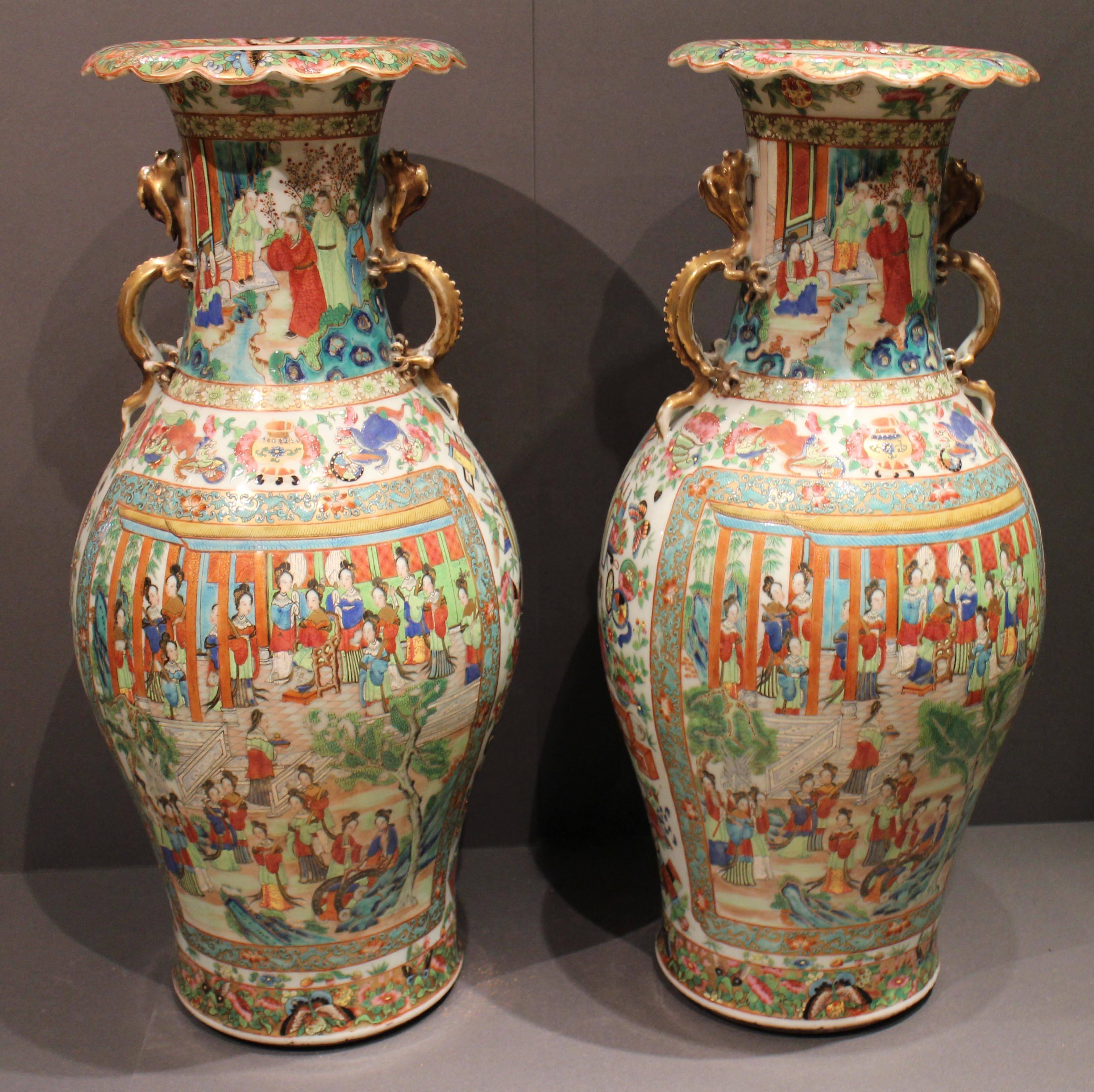 19th Century Pair of Large Antique Chinese Cantonese Vases with Dragon Ears For Sale