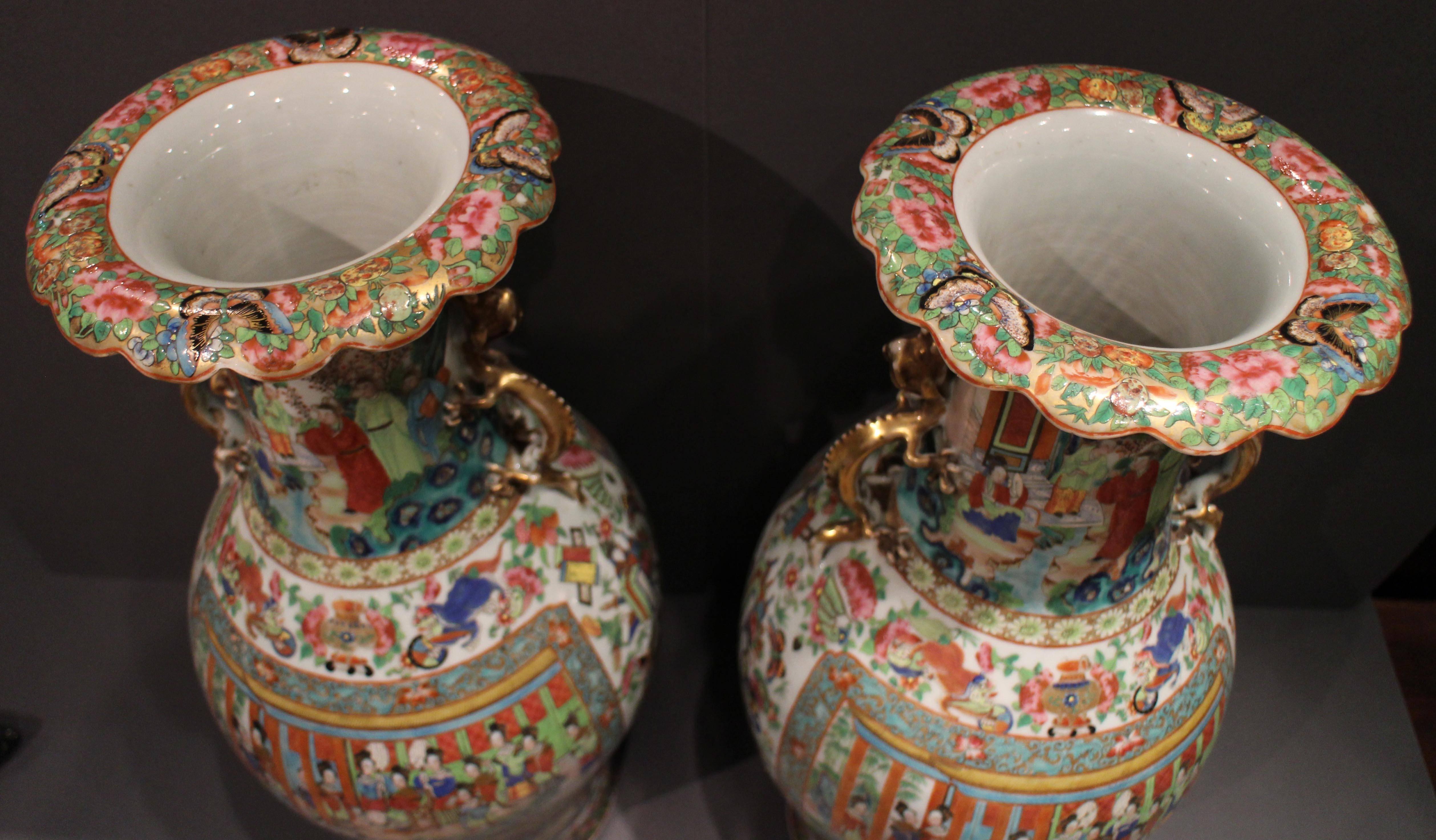 Porcelain Pair of Large Antique Chinese Cantonese Vases with Dragon Ears For Sale