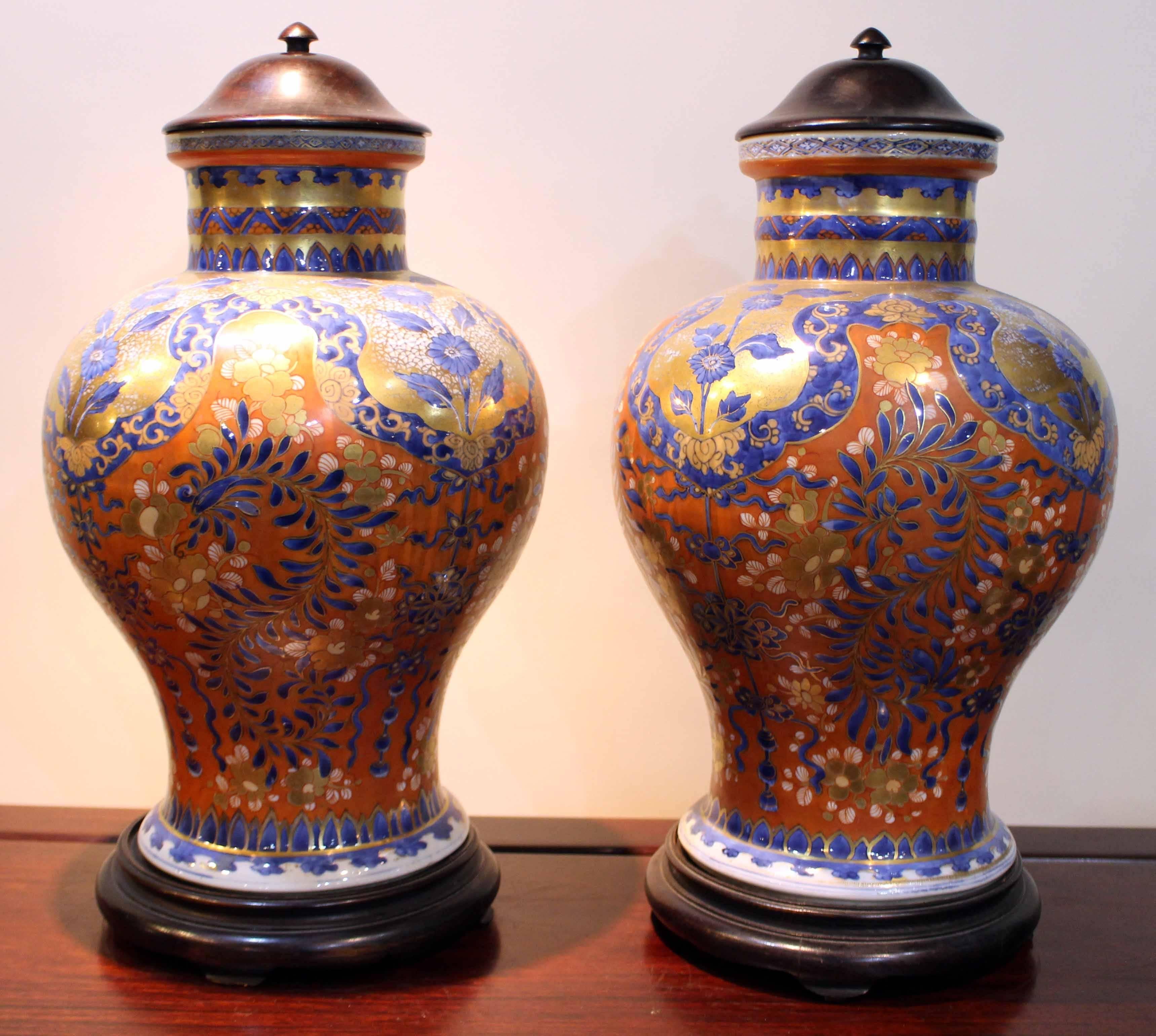Pair of Antique Chinese 'Clobbered' Kang Hsi Period Vases, Covers and Bases For Sale 1