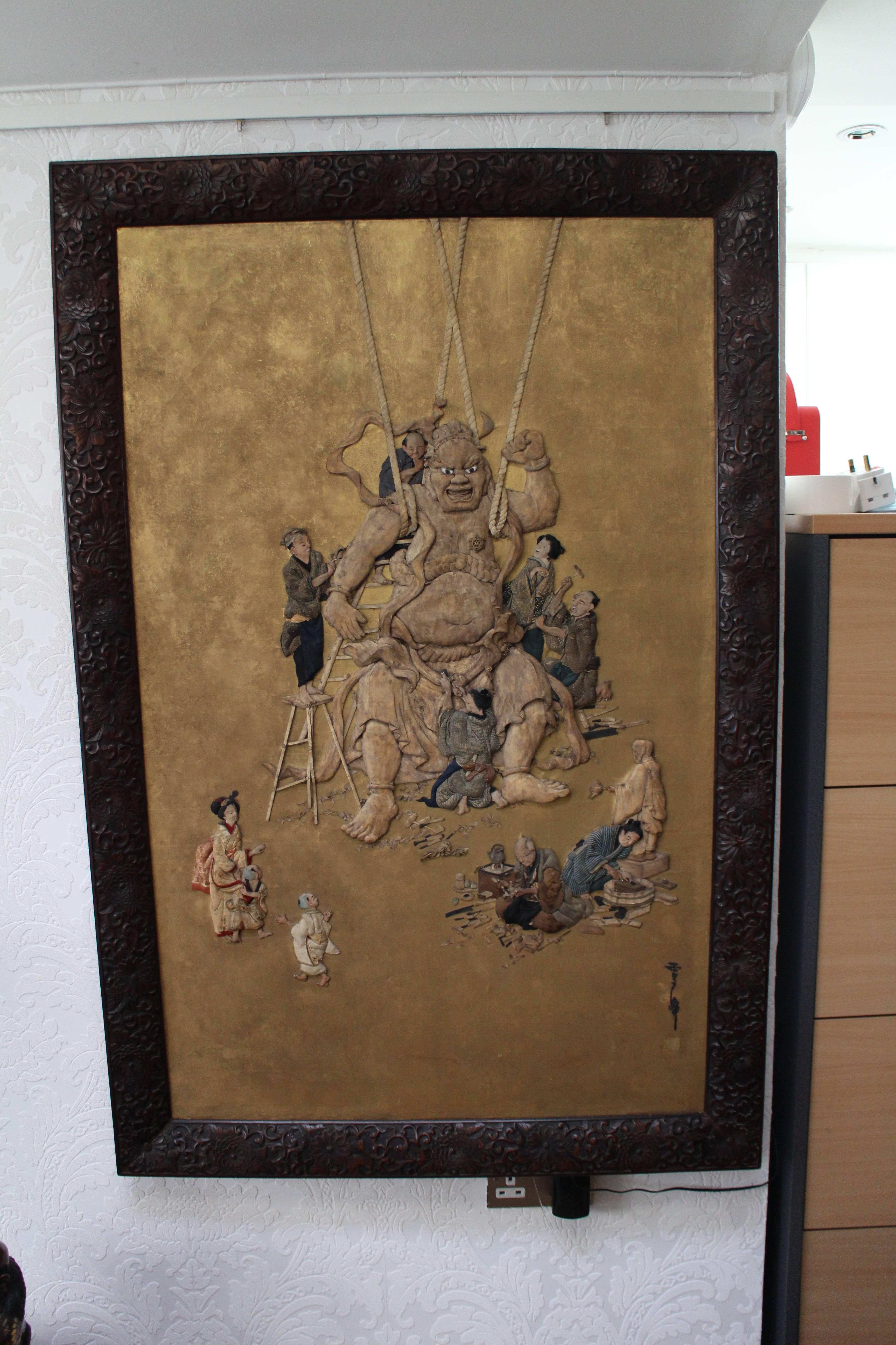 Unusual Antique Japanese Oshi-e 3D Fabric Picture of a Temple Nio In Good Condition For Sale In London, GB