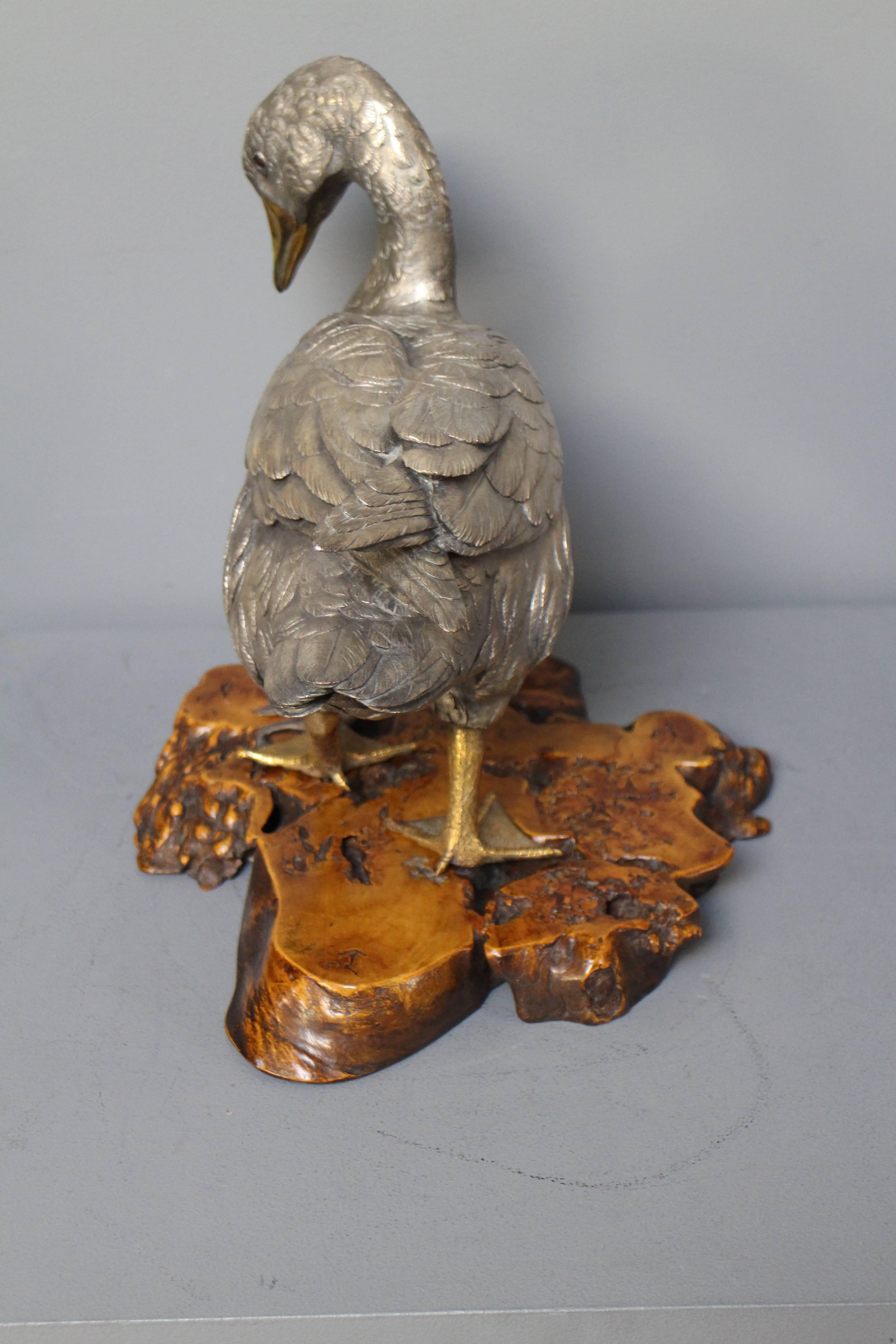 Antique Japanese Silvered and Golden Bronze Goose with Frog on a Wood Base In Excellent Condition For Sale In London, GB