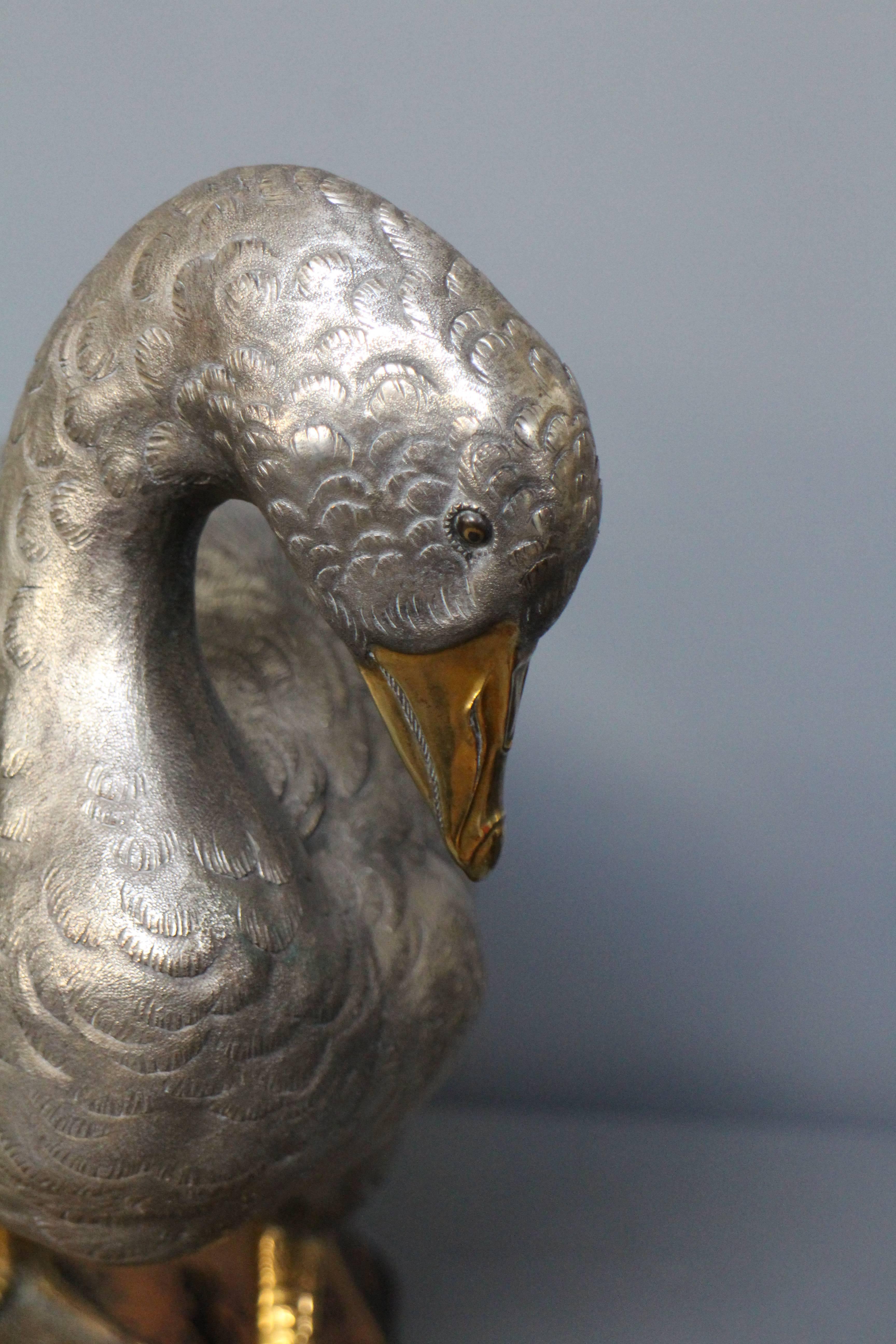 Antique Japanese Silvered and Golden Bronze Goose with Frog on a Wood Base For Sale 1