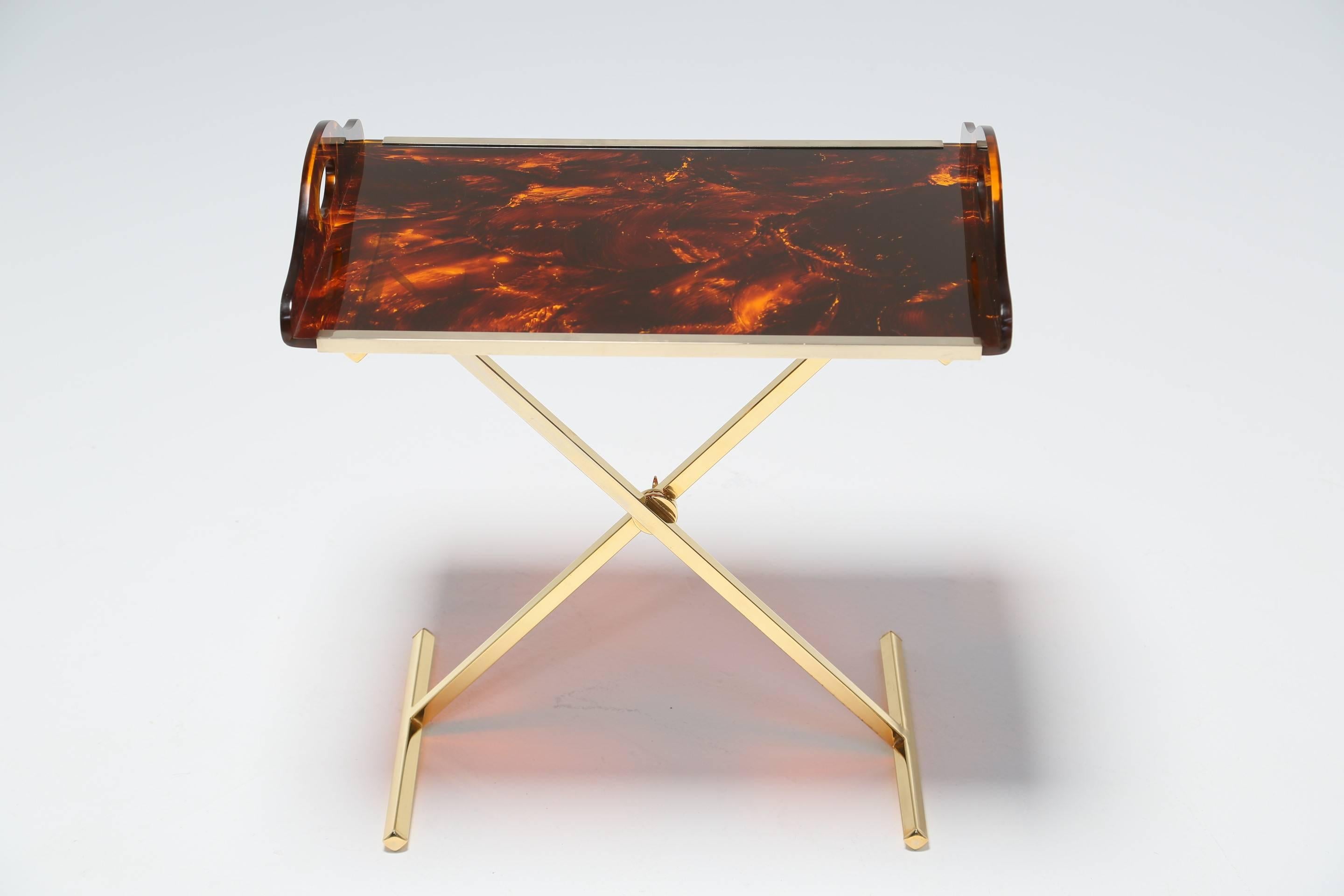 Lucite tray table/butlers tray in faux tortoiseshell on a simple brass folding X-stand. Free worldwide shipping.