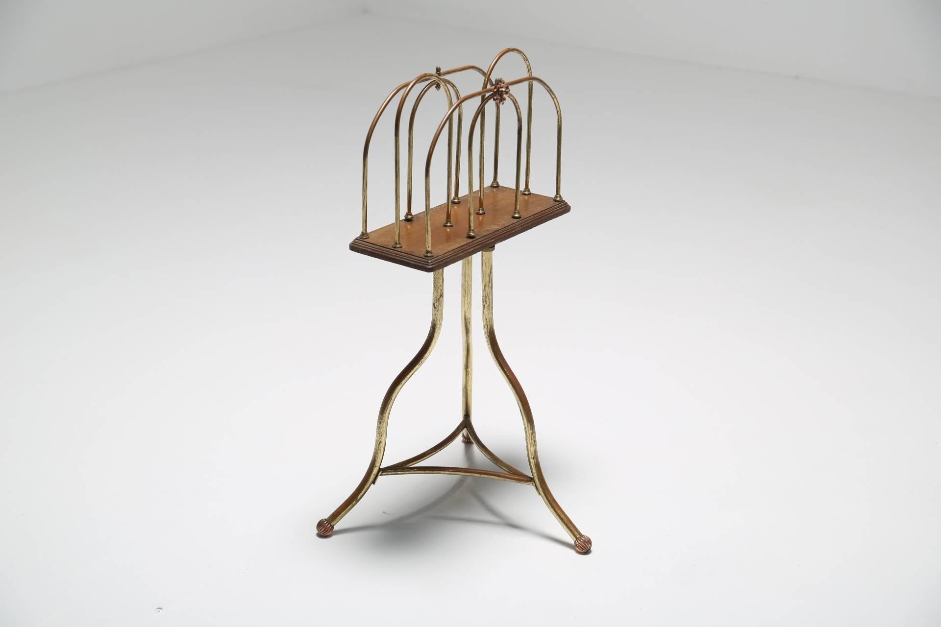 Early 20th Century Magazine Stand in Brass and Oak For Sale