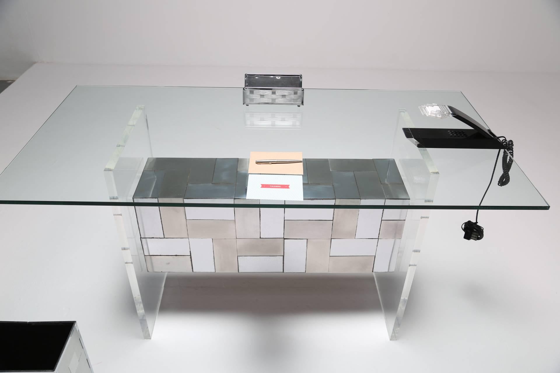 Mid-Century Modern Paul Evans style patchwork chrome desk, vanity or dining table base.