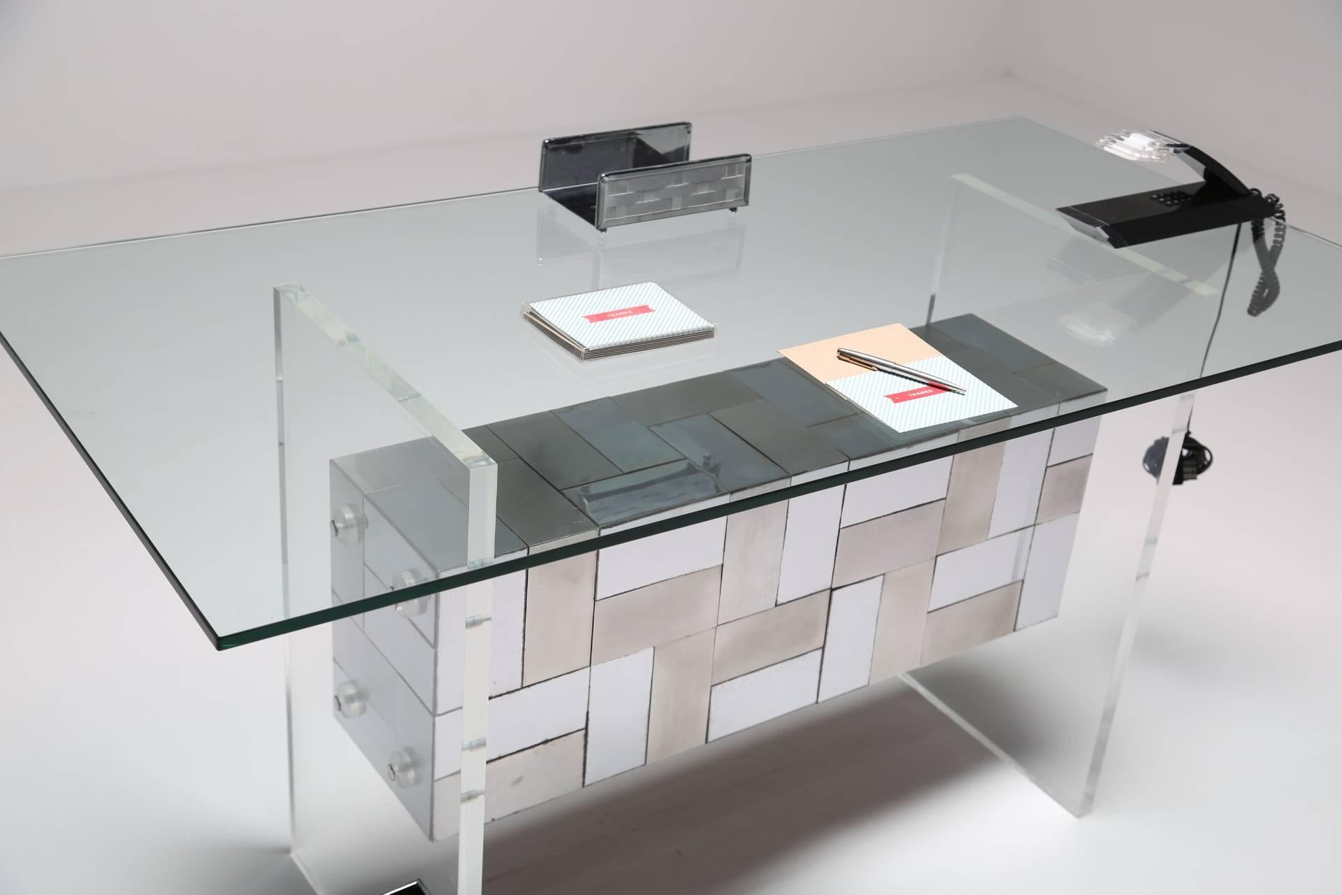 Glass Paul Evans style patchwork chrome desk, vanity or dining table base.