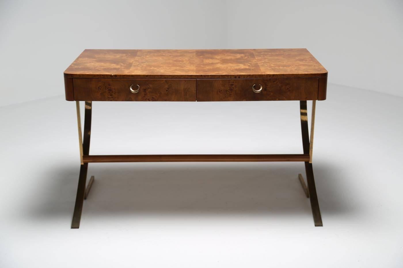 Plated Hickory White Burl Wood Desk with Brass Legs
