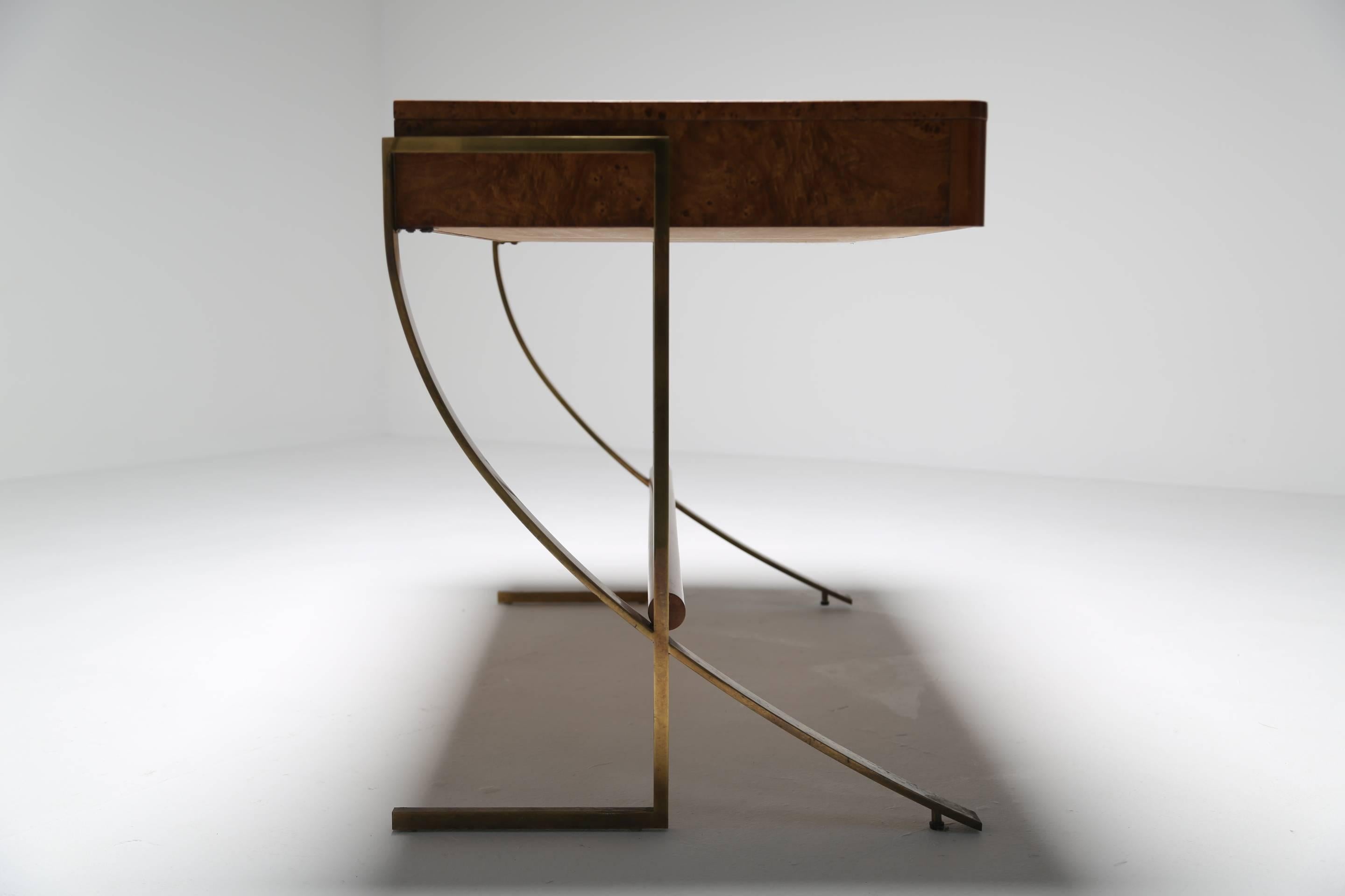 Mid-Century Modern Hickory White Burl Wood Desk with Brass Legs