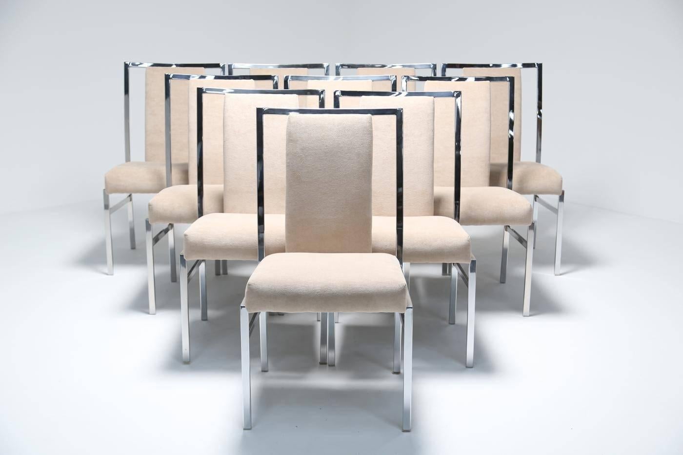 A set of ten chrome framed dining chairs made by Daystrom and generally sold with the Pierre Cardin furniture range. Daystrom were the licensed manufacturers of Pierre Cardin designs in the US, these chairs have no Pierre Cardin markings but they