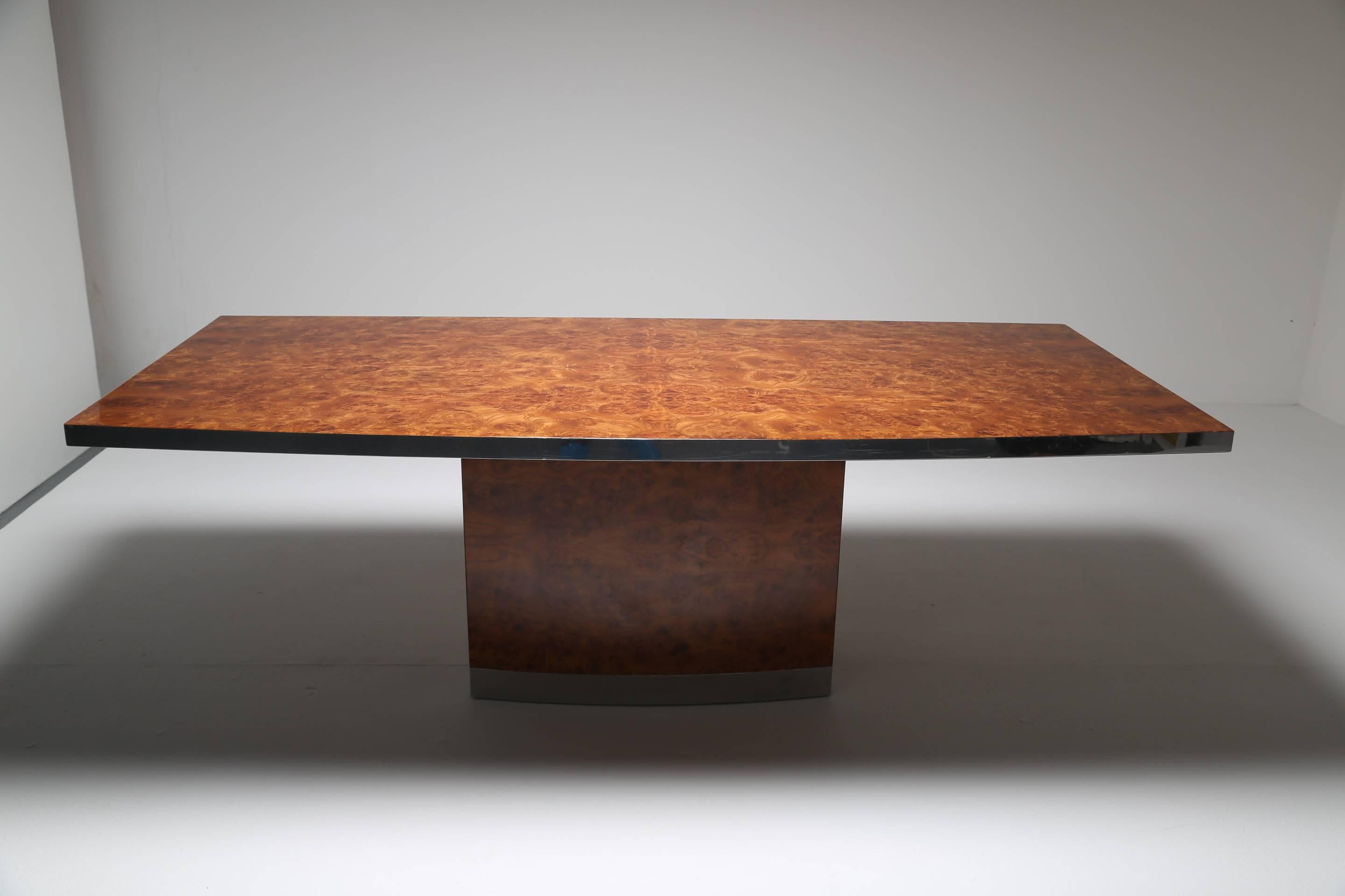 French Jean Claude Mahey Maple Burl Dining Table with Chrome Trim