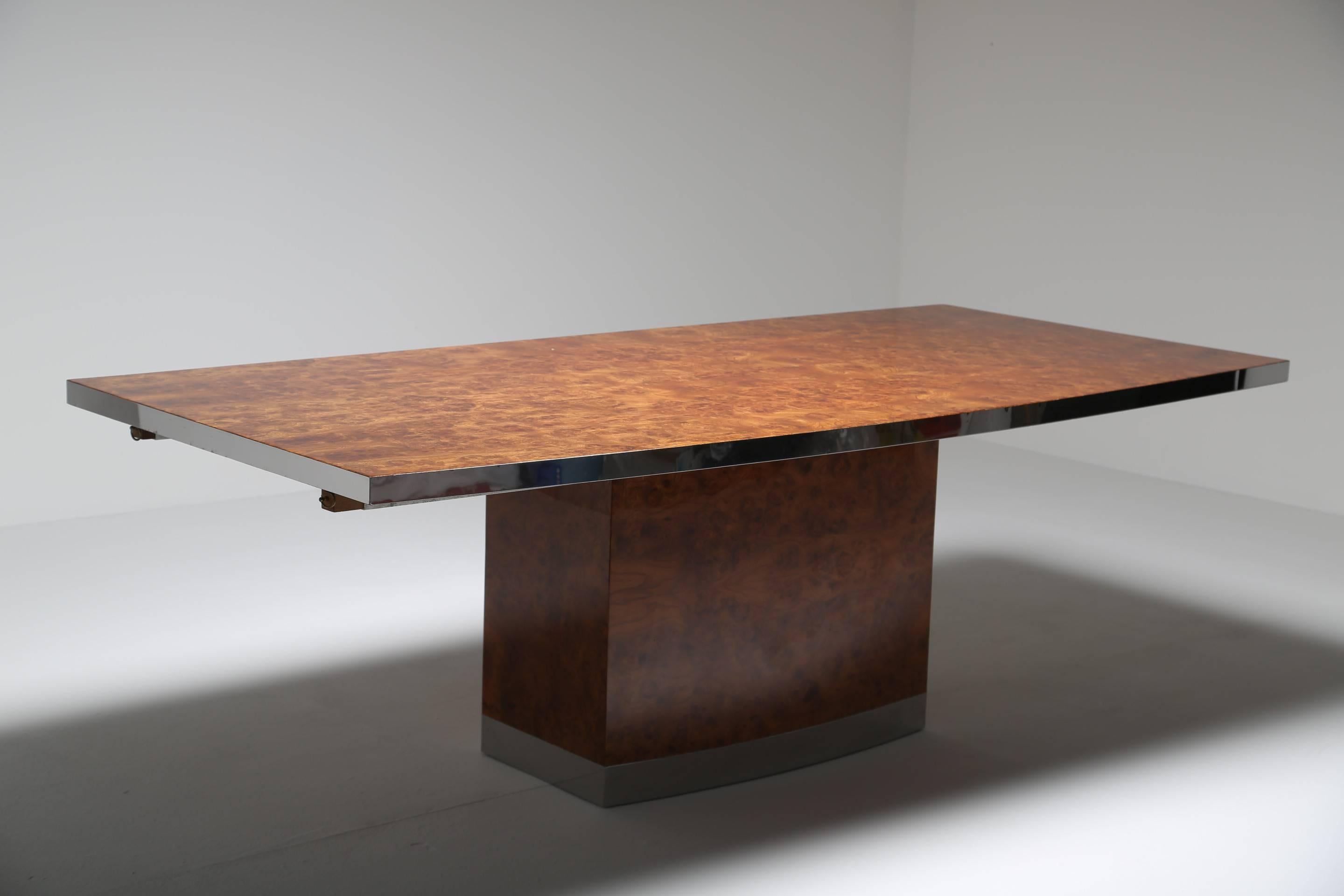 Late 20th Century Jean Claude Mahey Maple Burl Dining Table with Chrome Trim