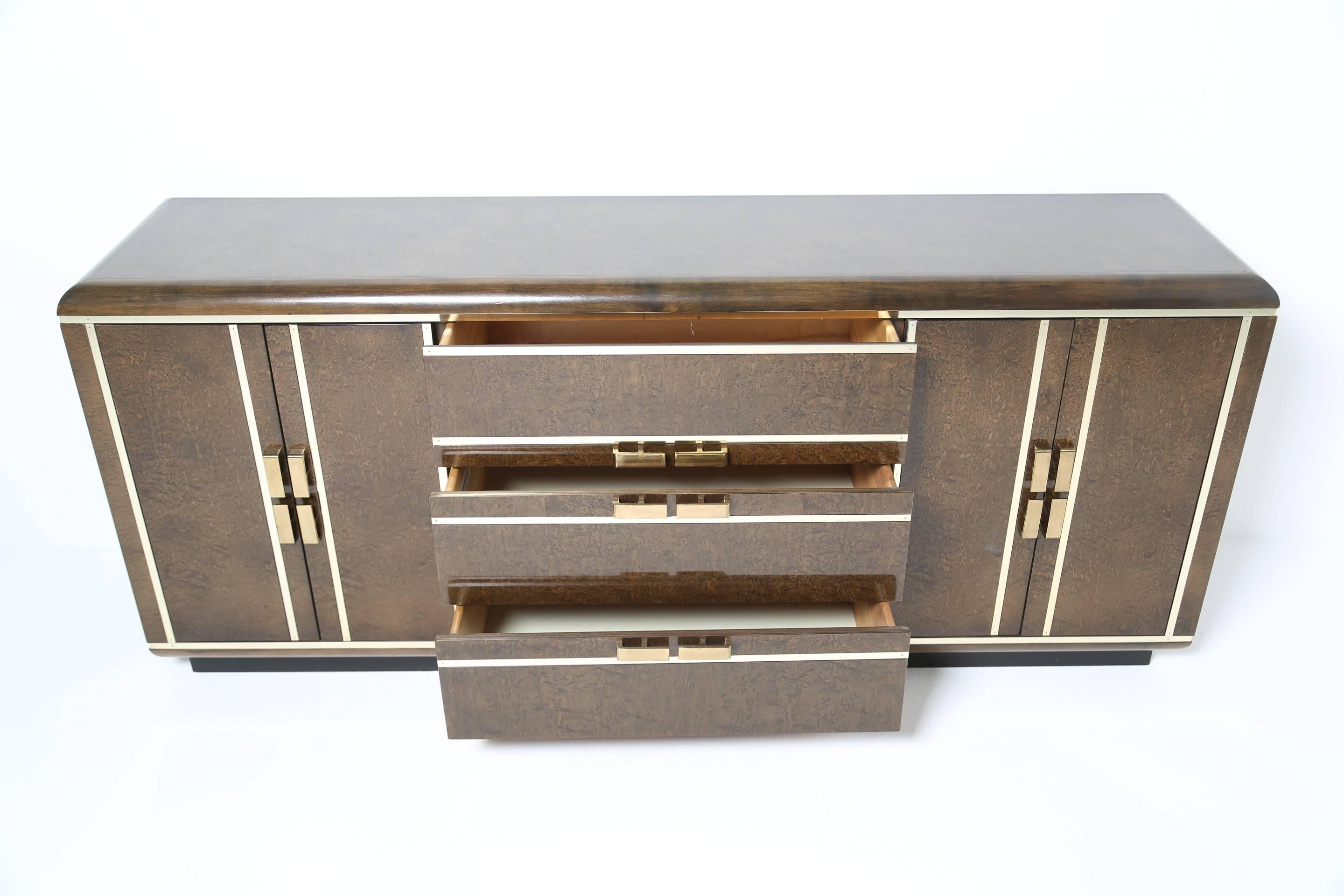 Late 20th Century Romweber burlwood and brass sideboard in an art deco style.