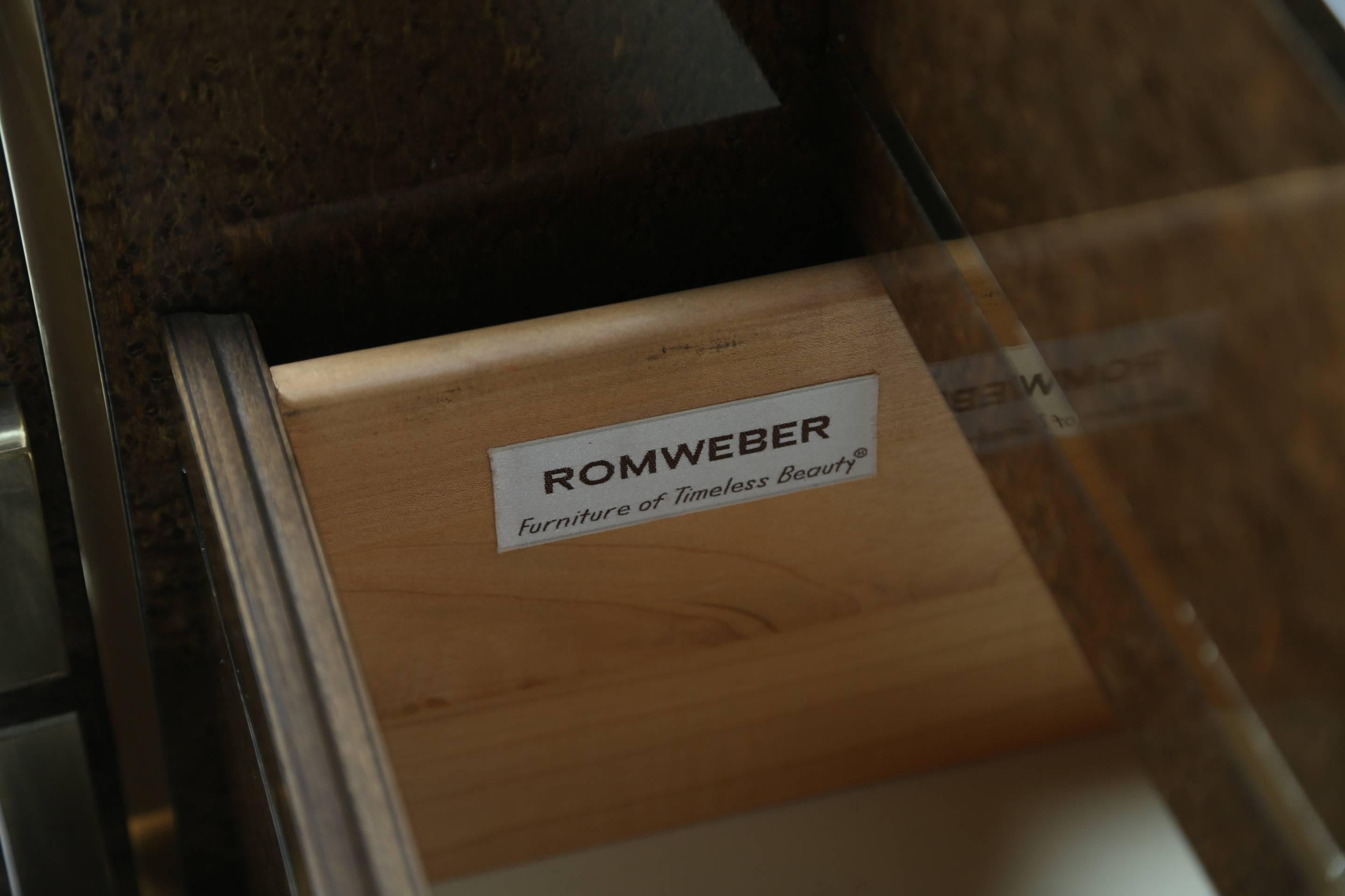Romweber burlwood and brass sideboard in an art deco style. 1