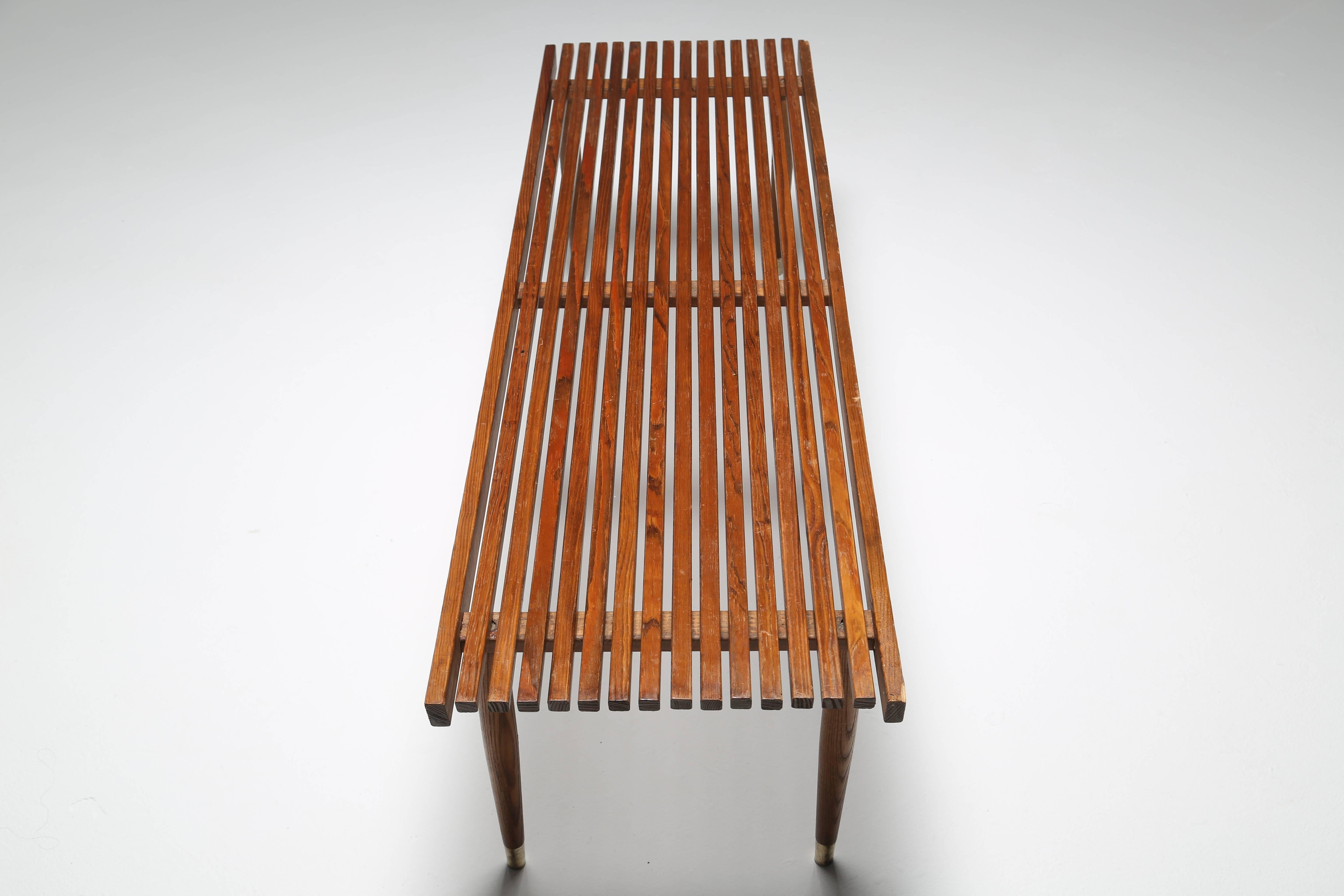 European Slatted Walnut Bench or Table with Brass Feet