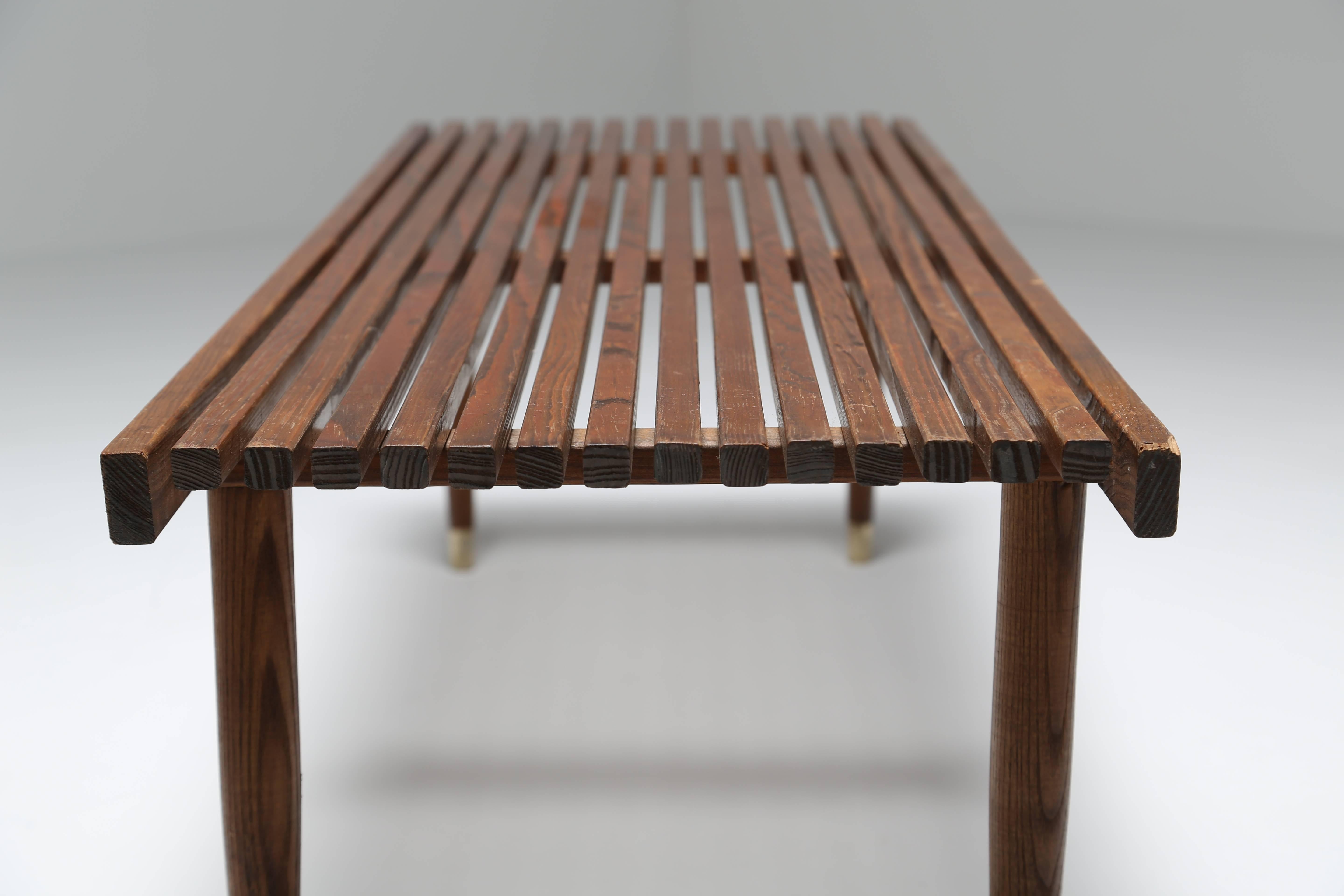 Mid-20th Century Slatted Walnut Bench or Table with Brass Feet