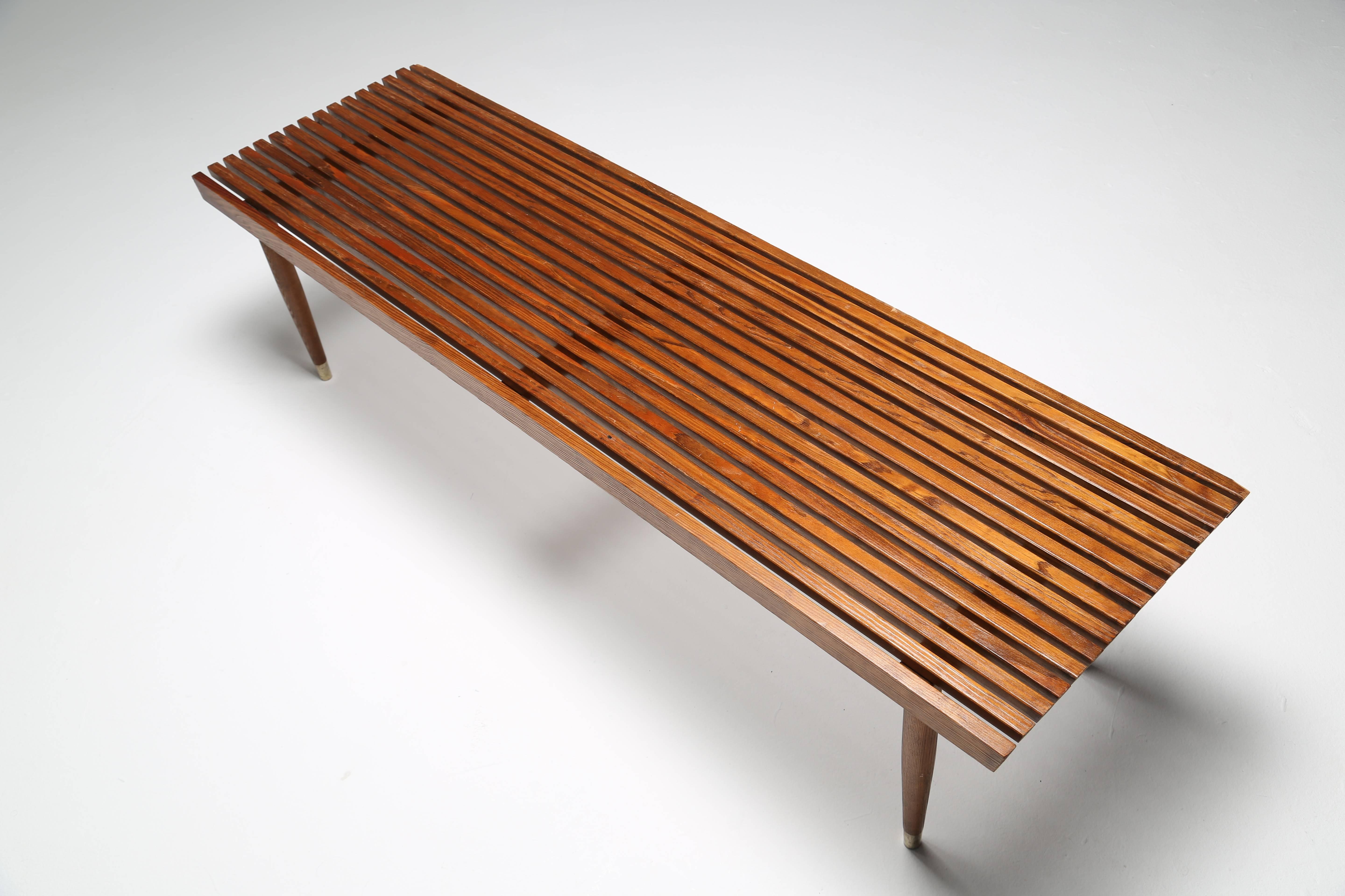 Mid-Century Modern Slatted Walnut Bench or Table with Brass Feet