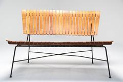 Arthur Umanoff 1950s iron frame rustic style mid-century slatted bench.