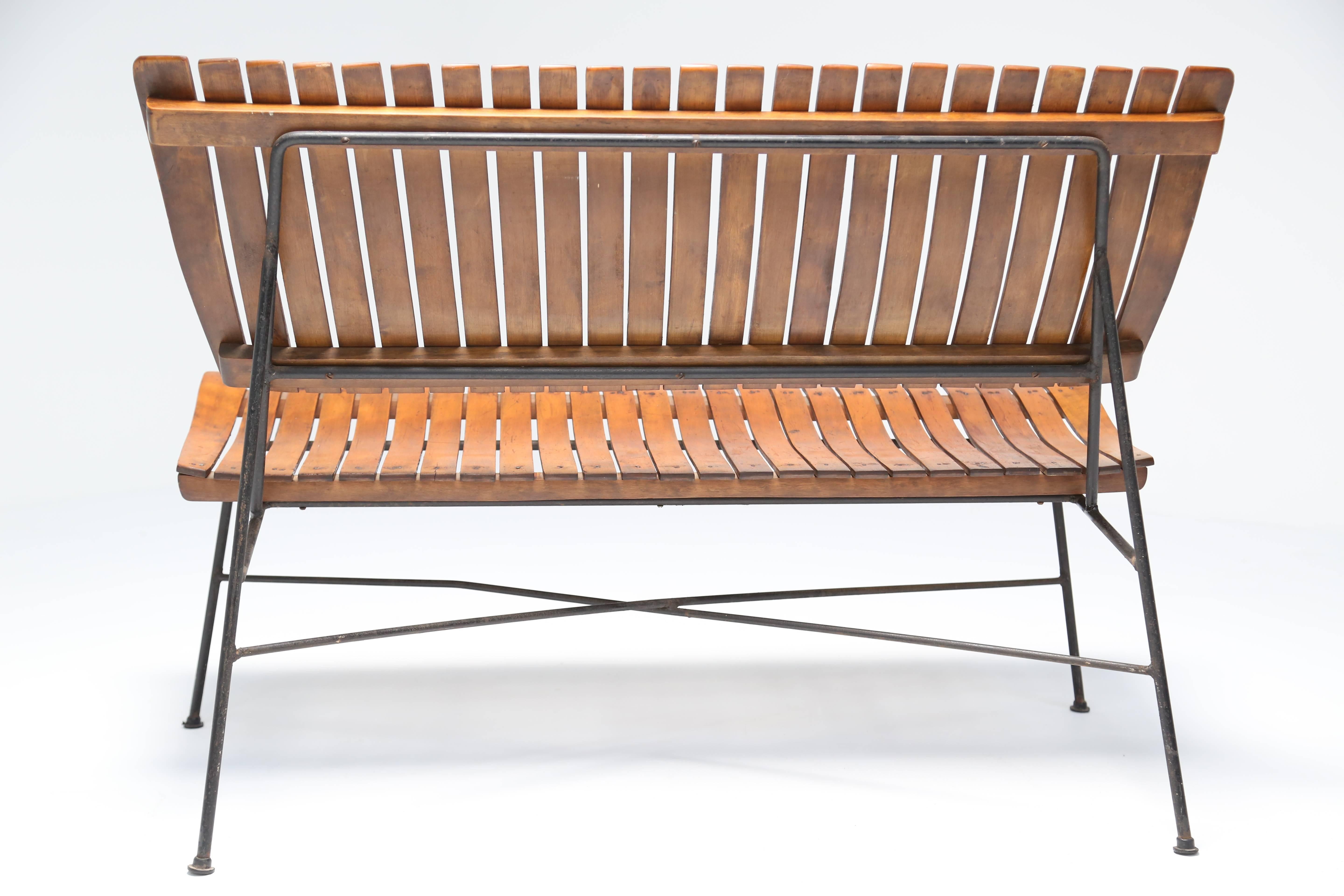 Arthur Umanoff 1950s iron frame rustic style mid-century slatted bench. For Sale 2
