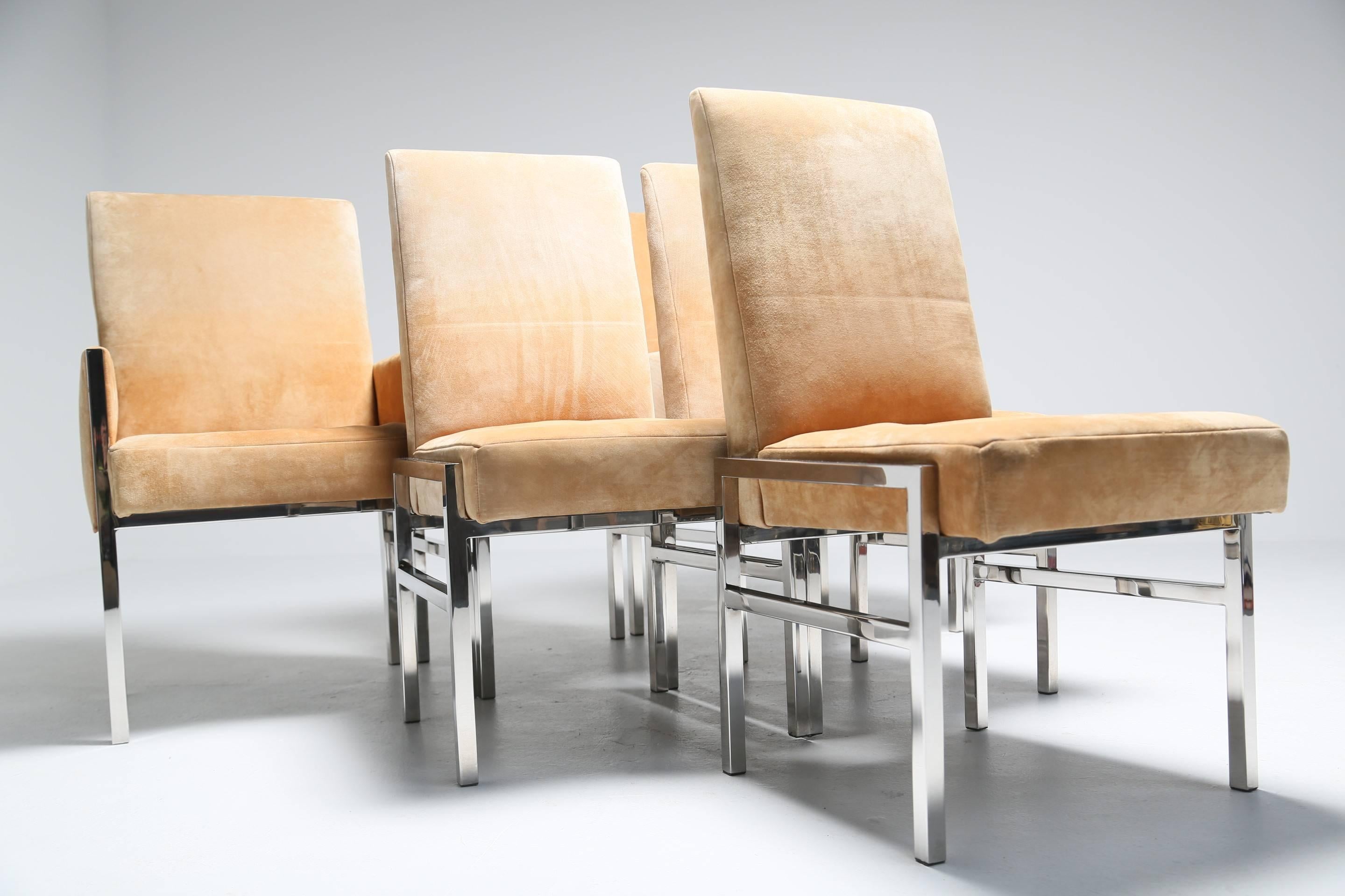 Mid-Century Modern Suede and chrome mid-century dining chairs in the style of Pace Collection.