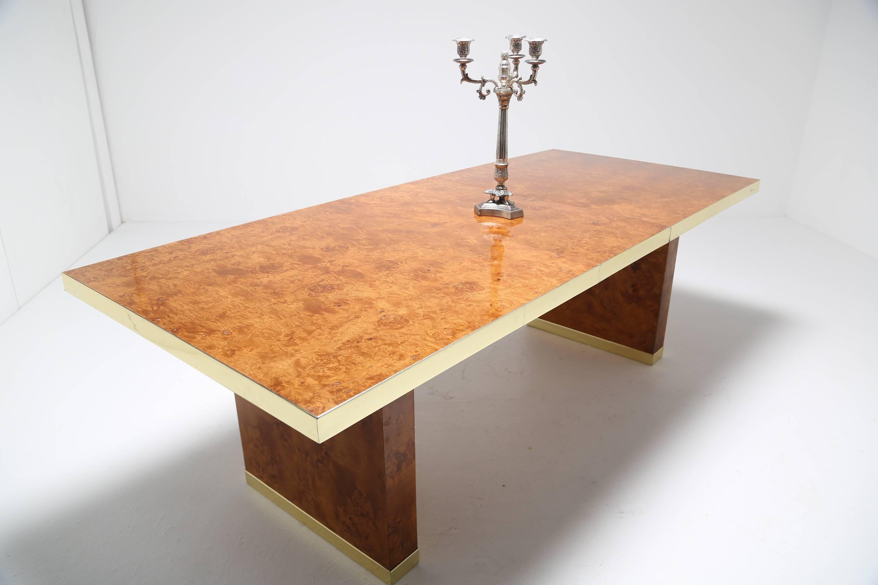 American Pierre Cardin signed burlwood and brass extending mid century dining table, 1970s For Sale