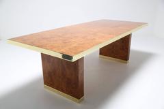 Pierre Cardin signed burlwood and brass extending mid century dining table, 1970s