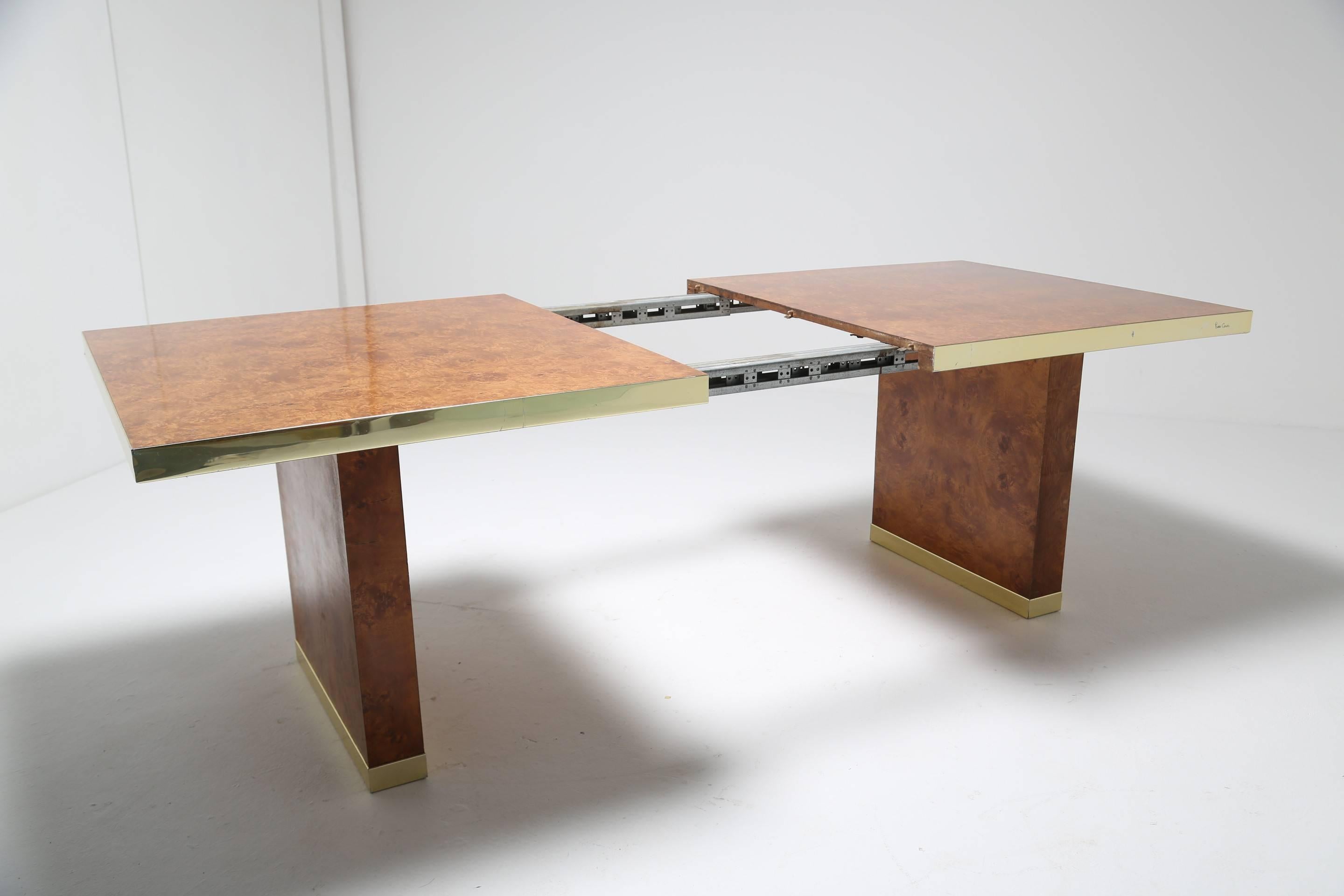 Late 20th Century Pierre Cardin signed burlwood and brass extending mid century dining table, 1970s For Sale